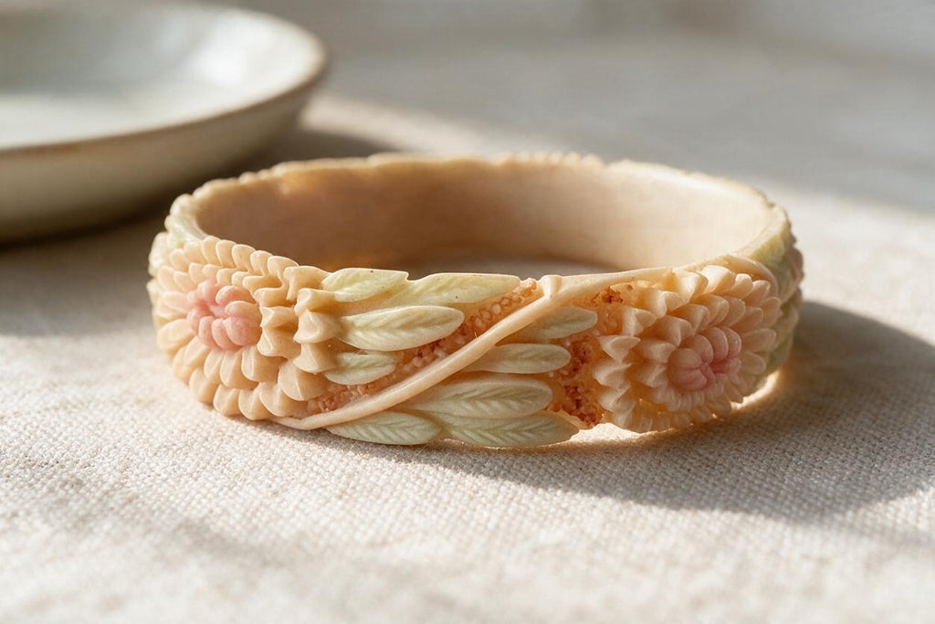Vintage Cream Celluloid Botanical Bangle with Pink & Green Accents