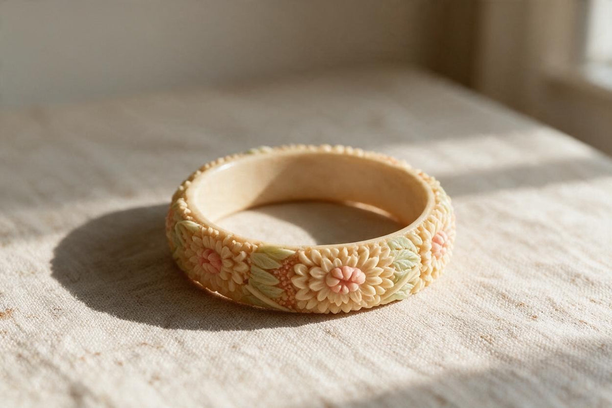 Vintage Cream Celluloid Botanical Bangle with Pink & Green Accents