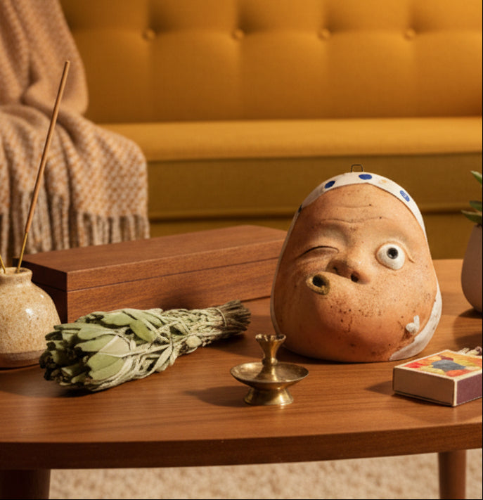 Vintage Hyottoko Okame Japanese Two-Faced Incense Holder - Tea Light Holder