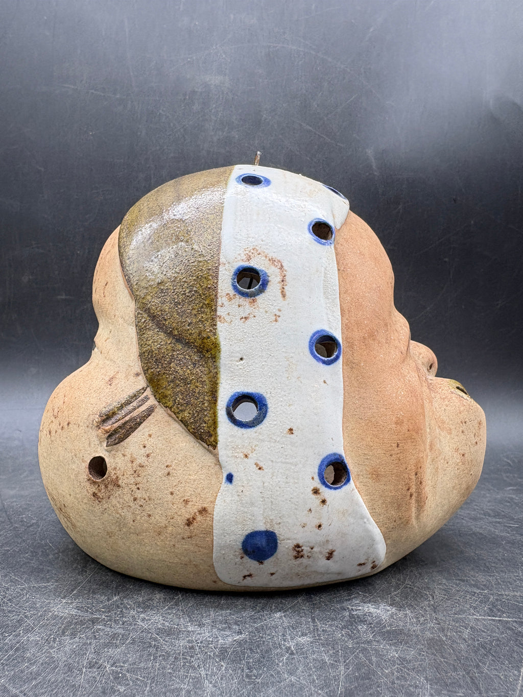 Vintage Hyottoko Okame Japanese Two-Faced Incense Holder - Tea Light Holder