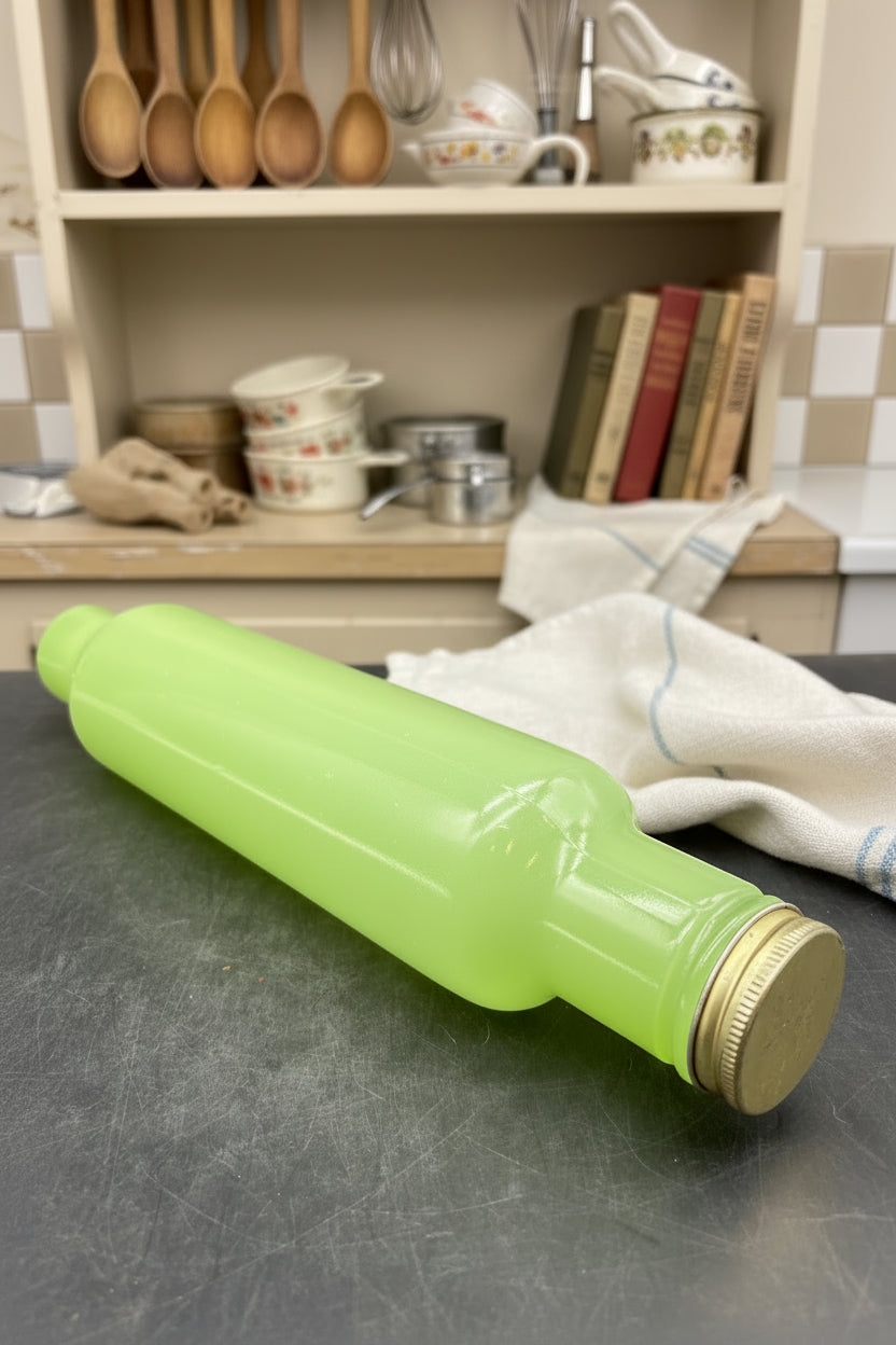 Vintage Jadeite Green Glass ROLLING PIN with Metal Cap