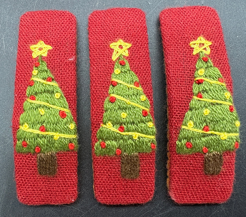 Christmas Tree Hand-Embroidered Christmas Hair Barrette – Red