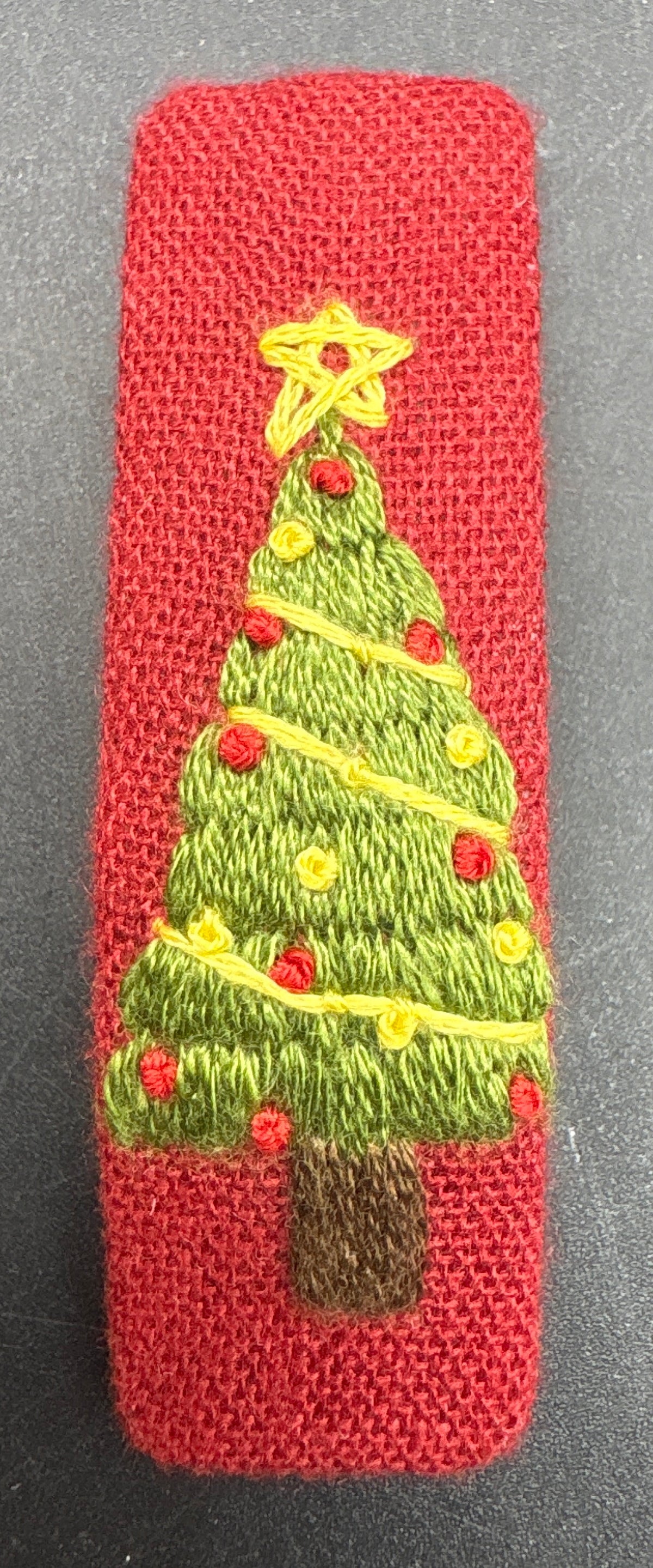 Christmas Tree Hand-Embroidered Christmas Hair Barrette – Red