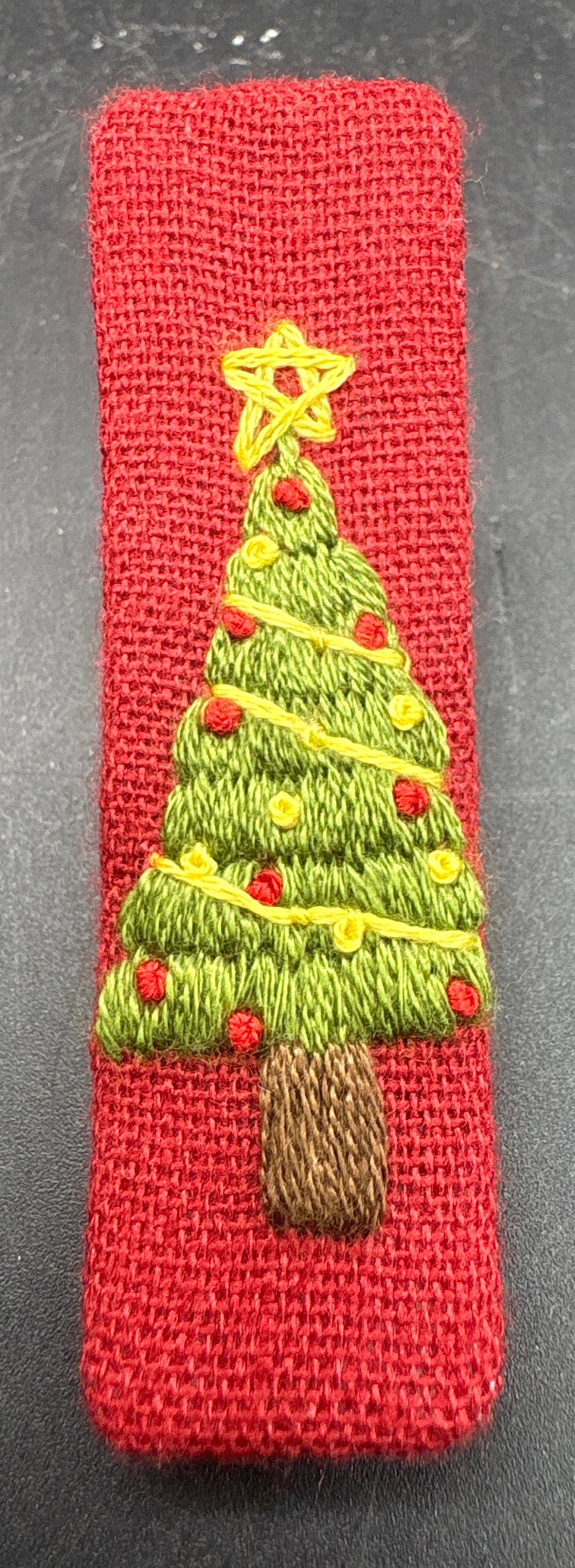Christmas Tree Hand-Embroidered Christmas Hair Barrette – Red