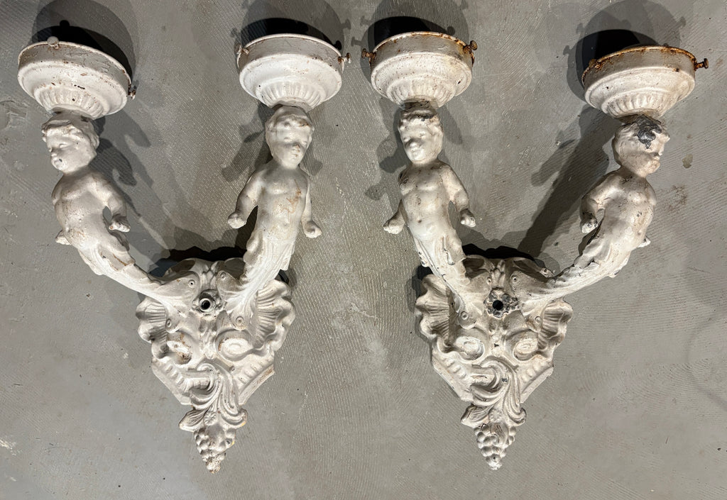 Antique Cherub Angel Wall Sconce Lights - Cast Metal Pair 15" Tall