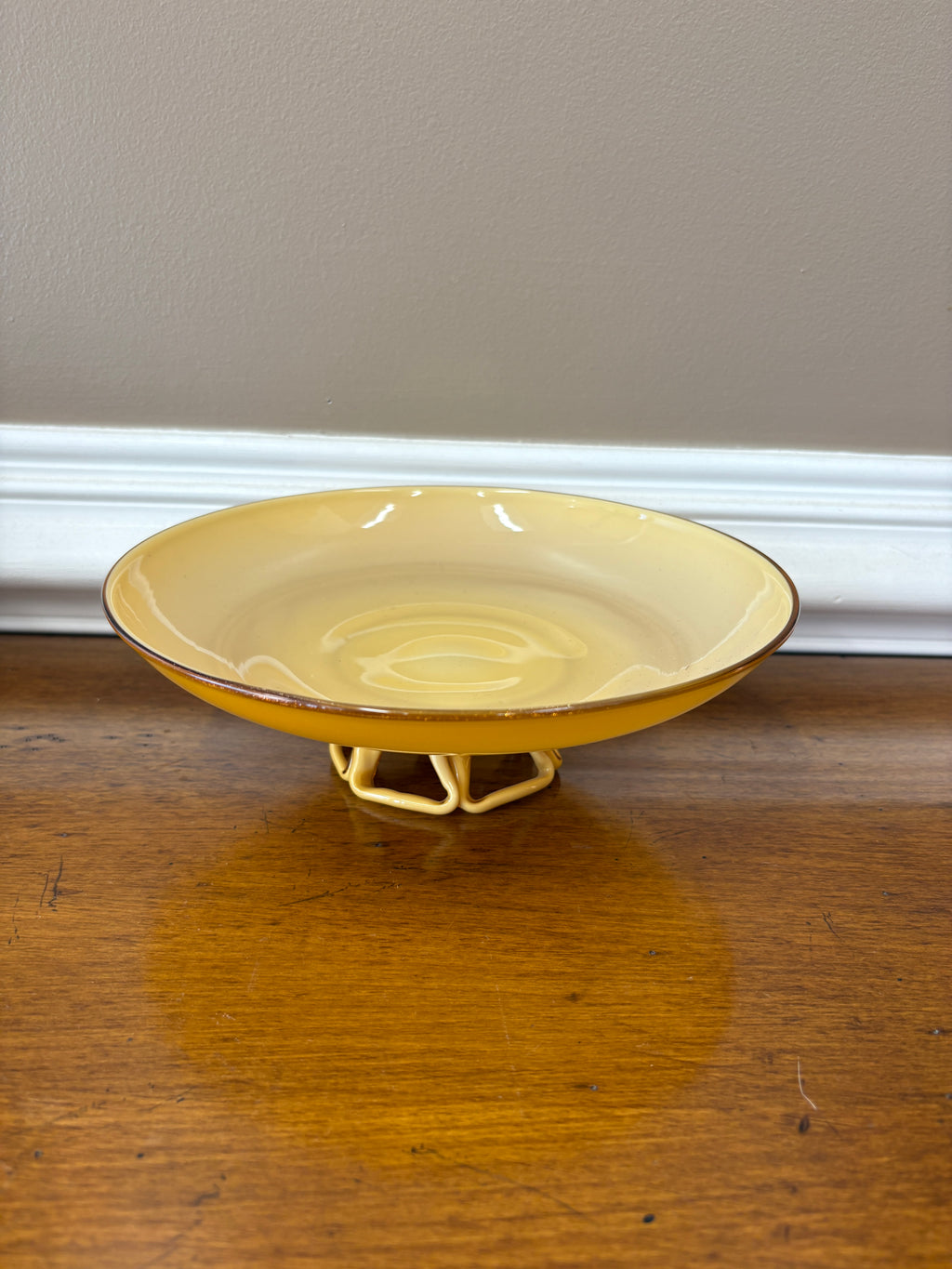Mid Century Amber Art Glass Pedestal Bowl Sculptural Loop Base Czech Empoli Style 10”