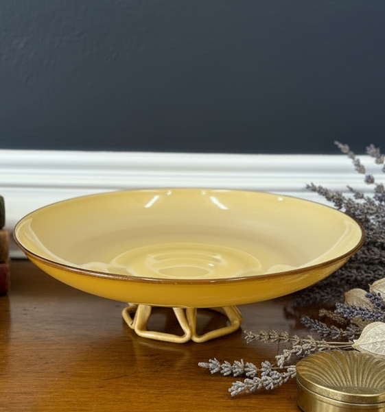 Mid Century Amber Art Glass Pedestal Bowl Sculptural Loop Base Czech Empoli Style 10”