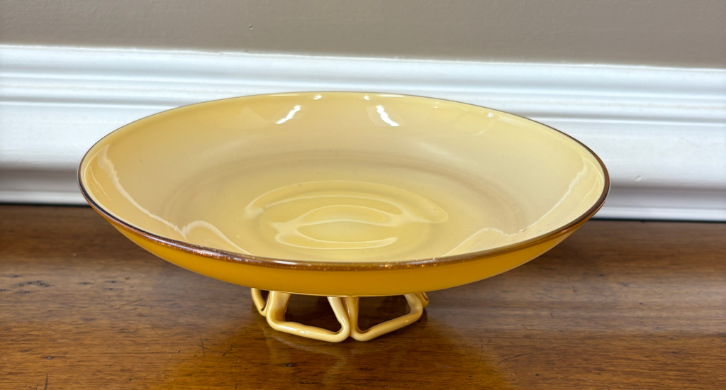 Mid Century Amber Art Glass Pedestal Bowl Sculptural Loop Base Czech Empoli Style 10”
