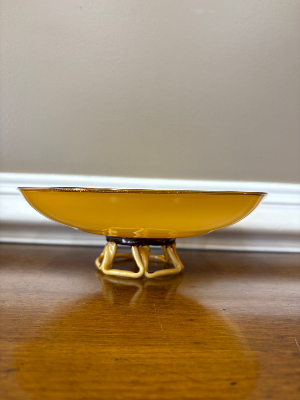 Mid Century Amber Art Glass Pedestal Bowl Sculptural Loop Base Czech Empoli Style 10”