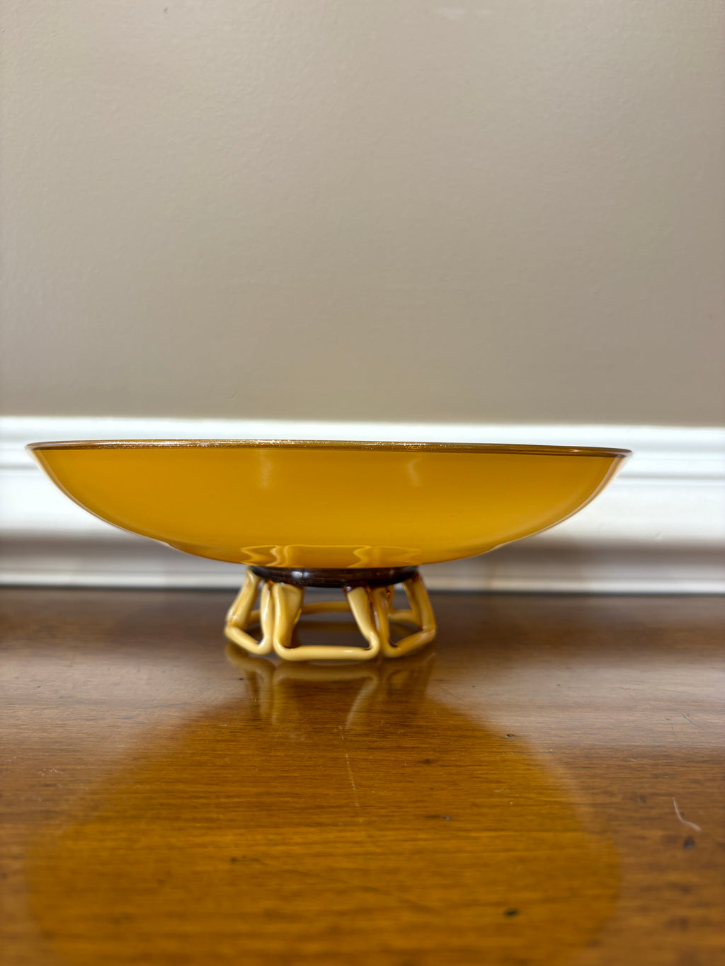 Mid Century Amber Art Glass Pedestal Bowl Sculptural Loop Base Czech Empoli Style 10”