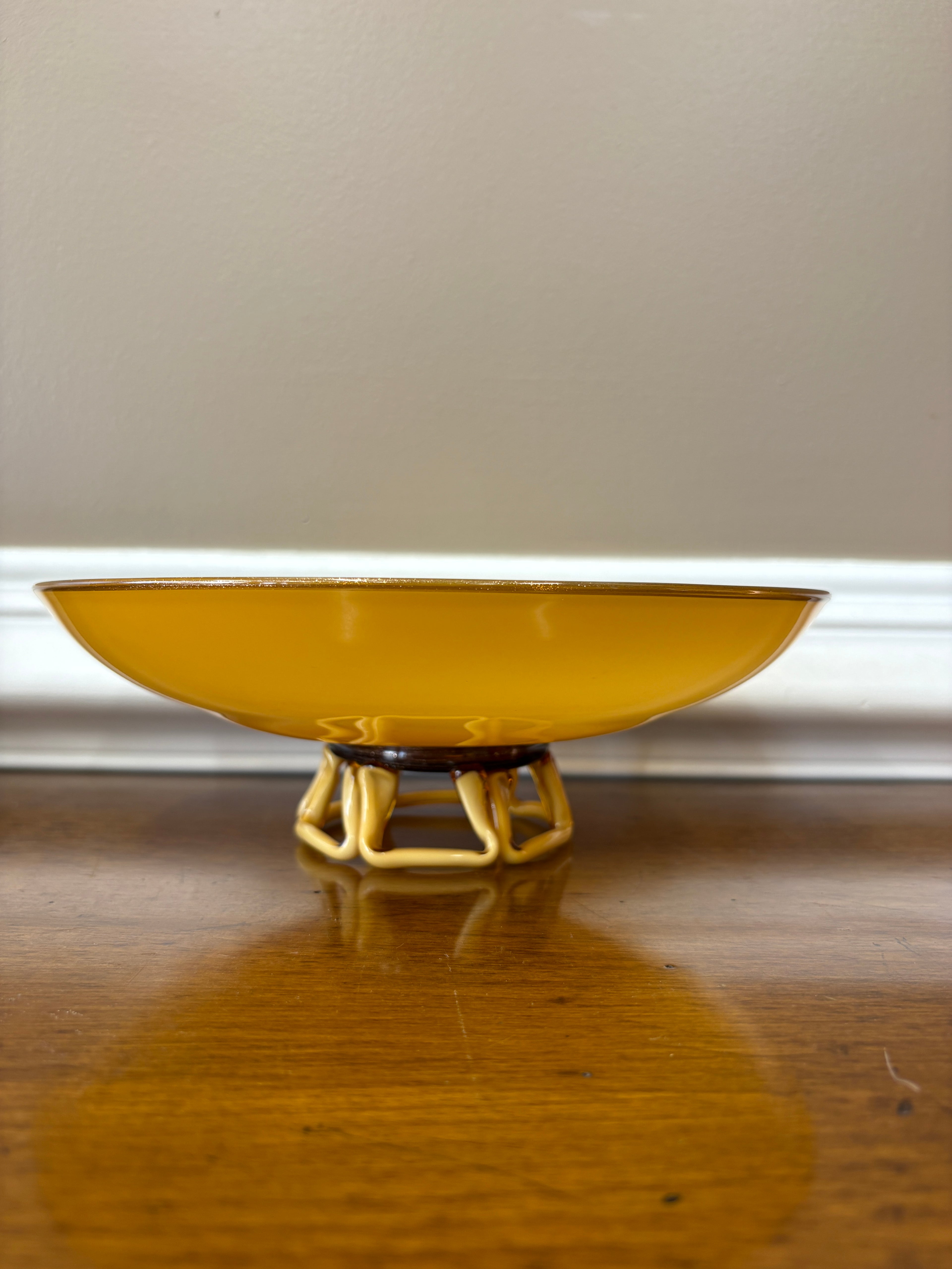 Mid Century Amber Art Glass Pedestal Bowl Sculptural Loop Base Czech Empoli Style 10”