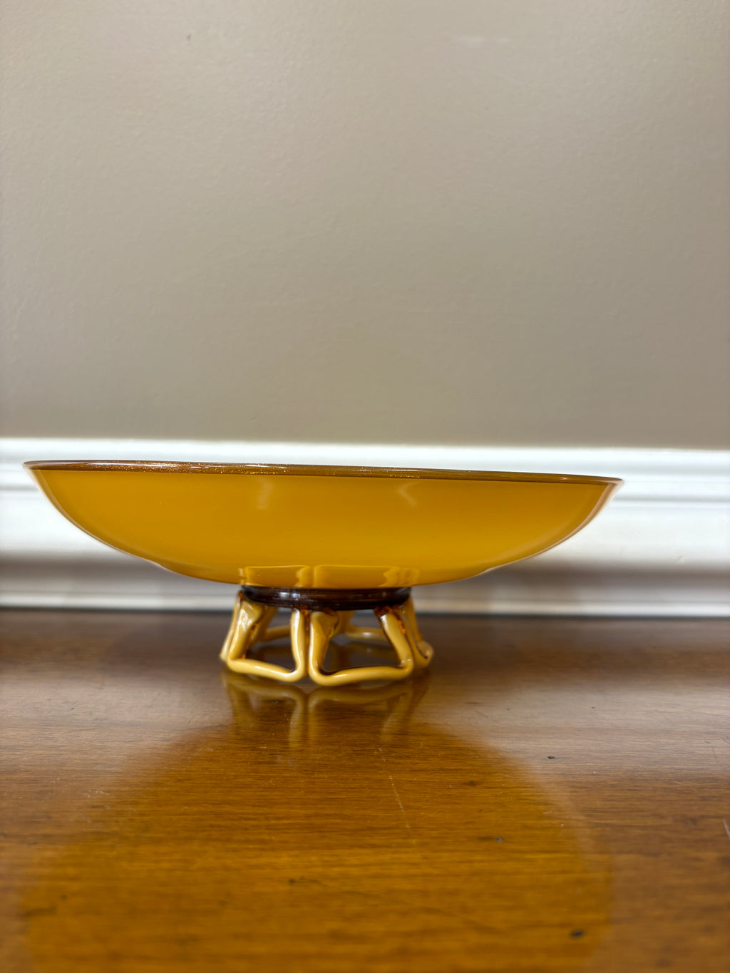Mid Century Amber Art Glass Pedestal Bowl Sculptural Loop Base Czech Empoli Style 10”
