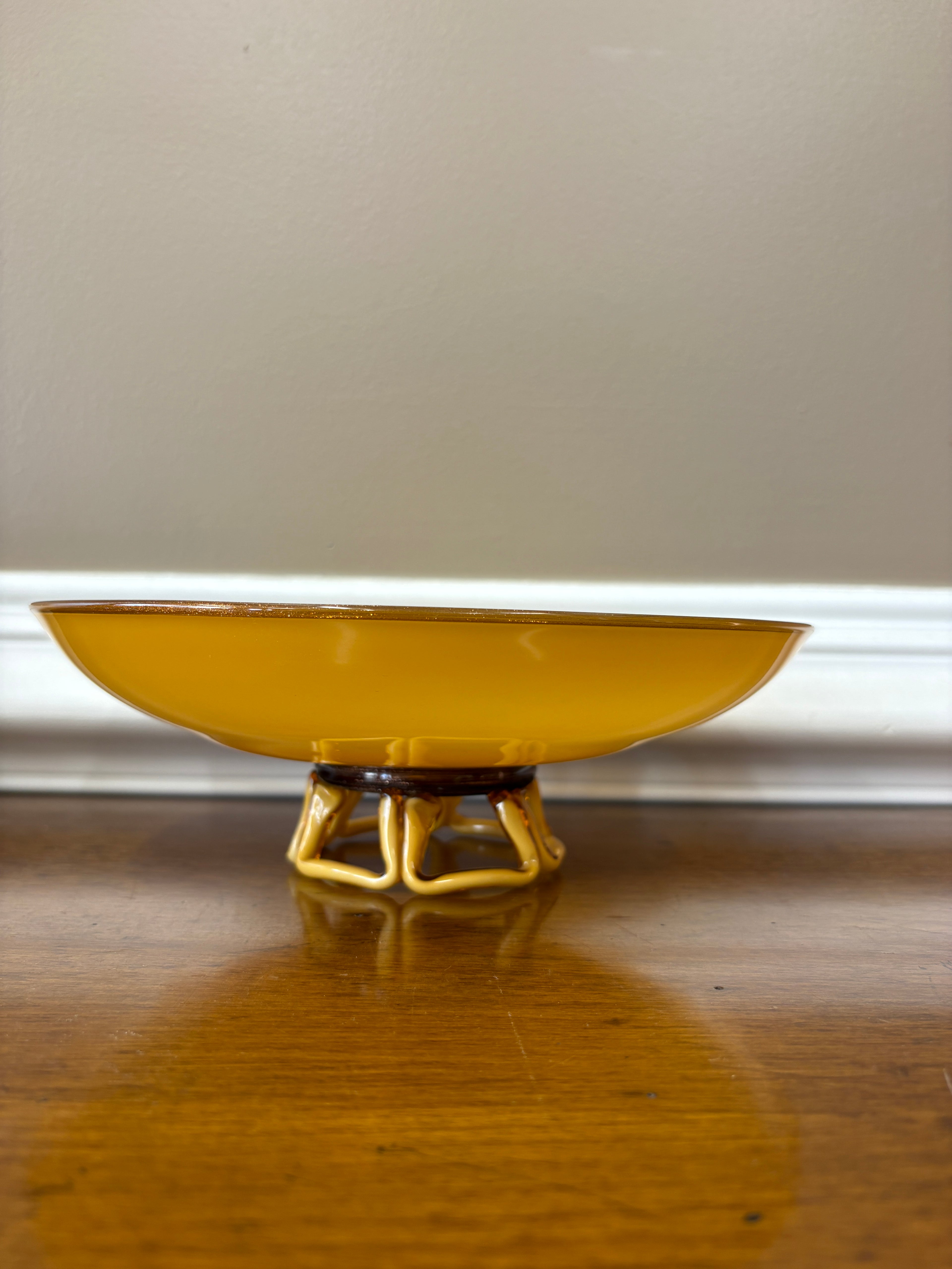 Mid Century Amber Art Glass Pedestal Bowl Sculptural Loop Base Czech Empoli Style 10”