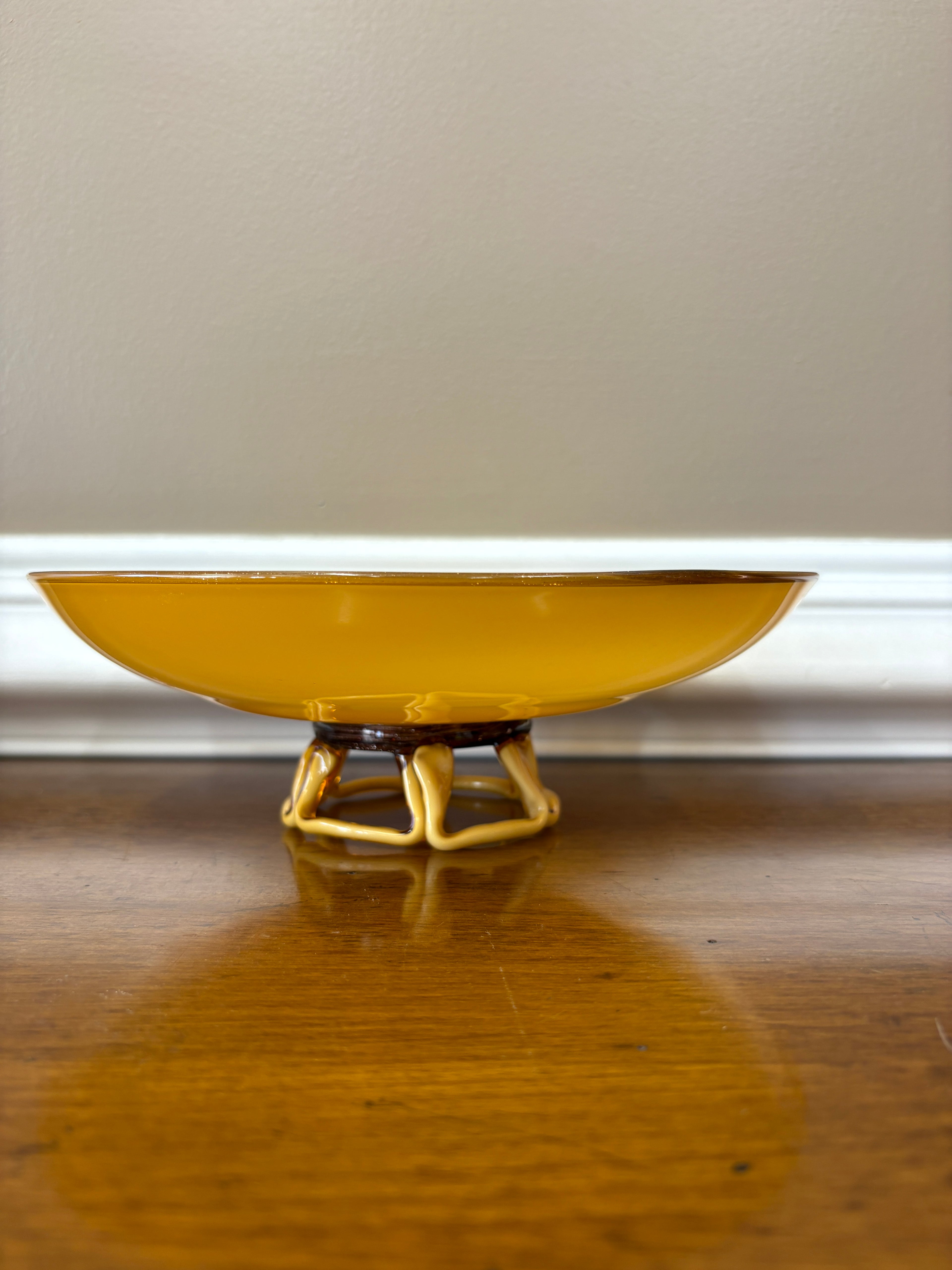 Mid Century Amber Art Glass Pedestal Bowl Sculptural Loop Base Czech Empoli Style 10”