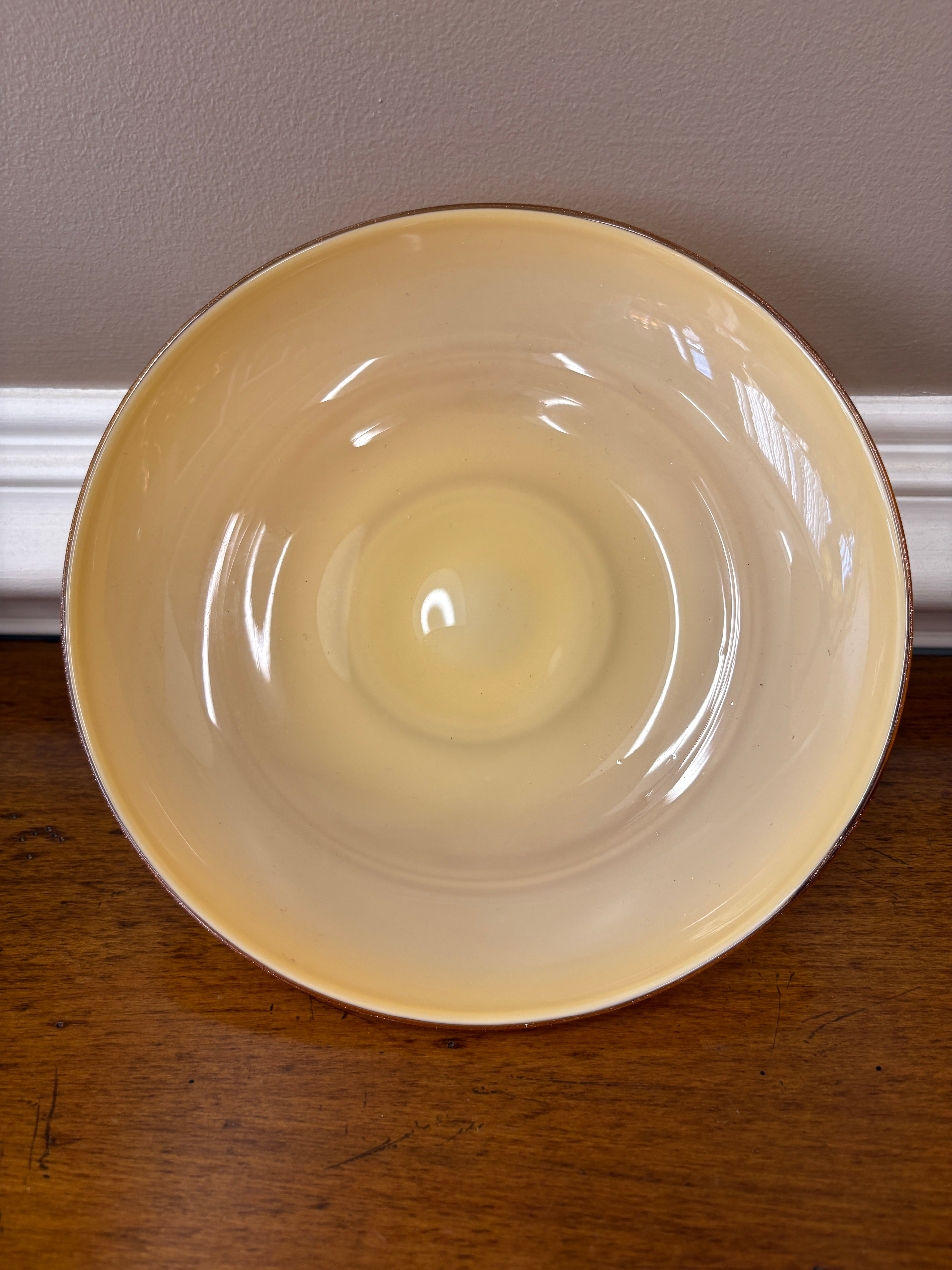 Mid Century Amber Art Glass Pedestal Bowl Sculptural Loop Base Czech Empoli Style 10”