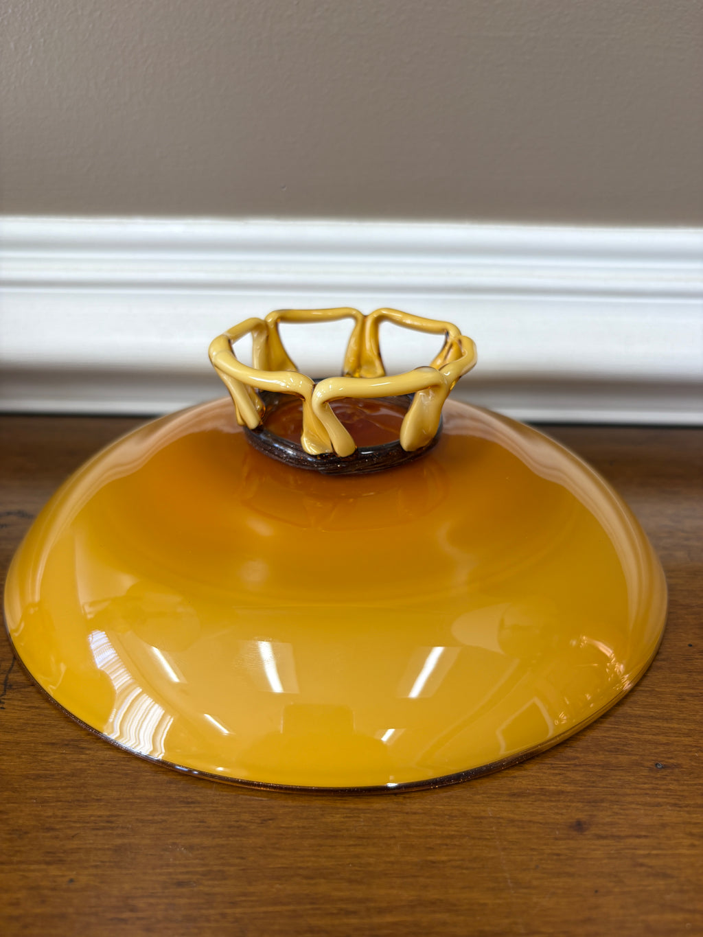 Mid Century Amber Art Glass Pedestal Bowl Sculptural Loop Base Czech Empoli Style 10”