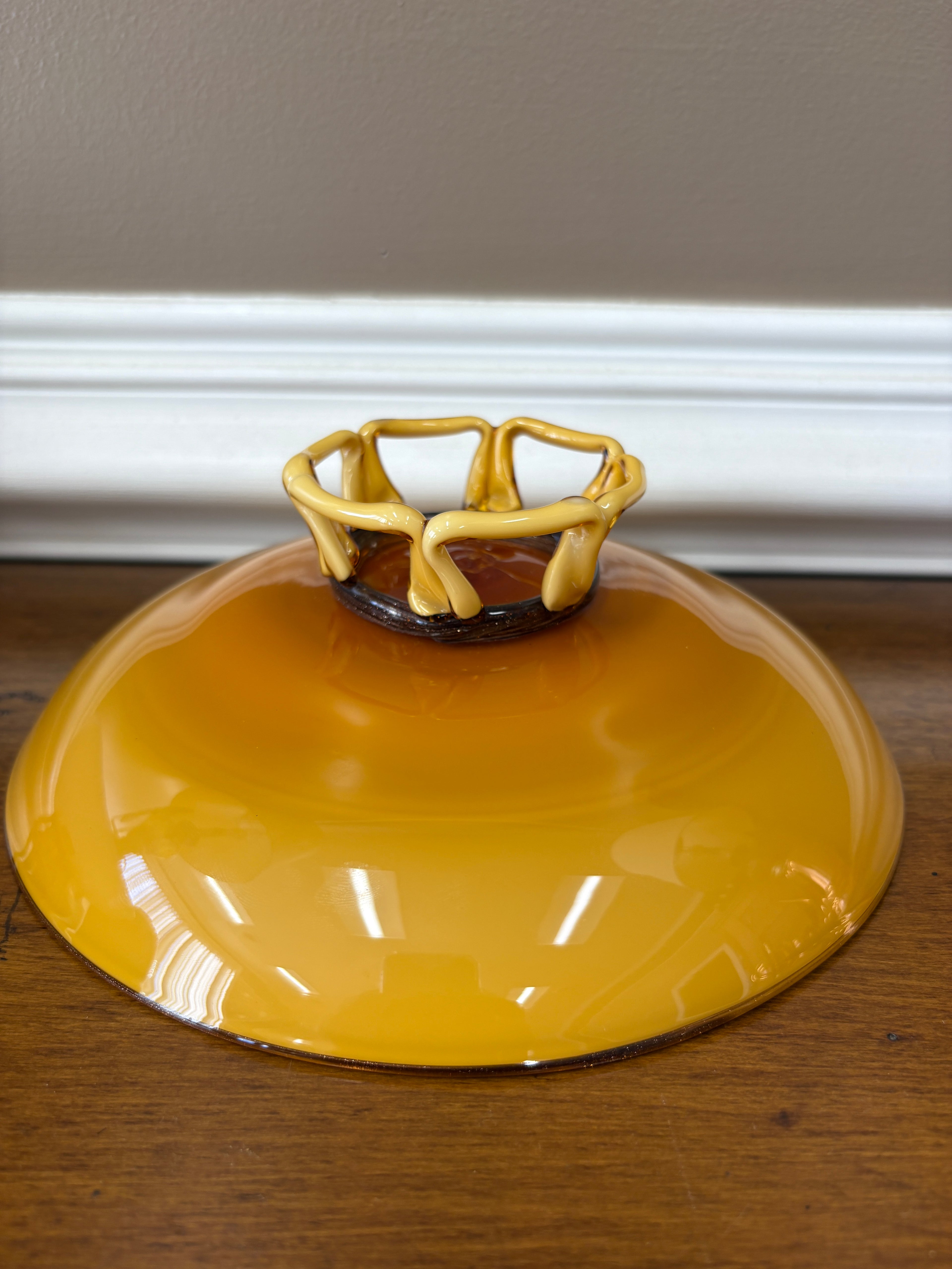 Mid Century Amber Art Glass Pedestal Bowl Sculptural Loop Base Czech Empoli Style 10”