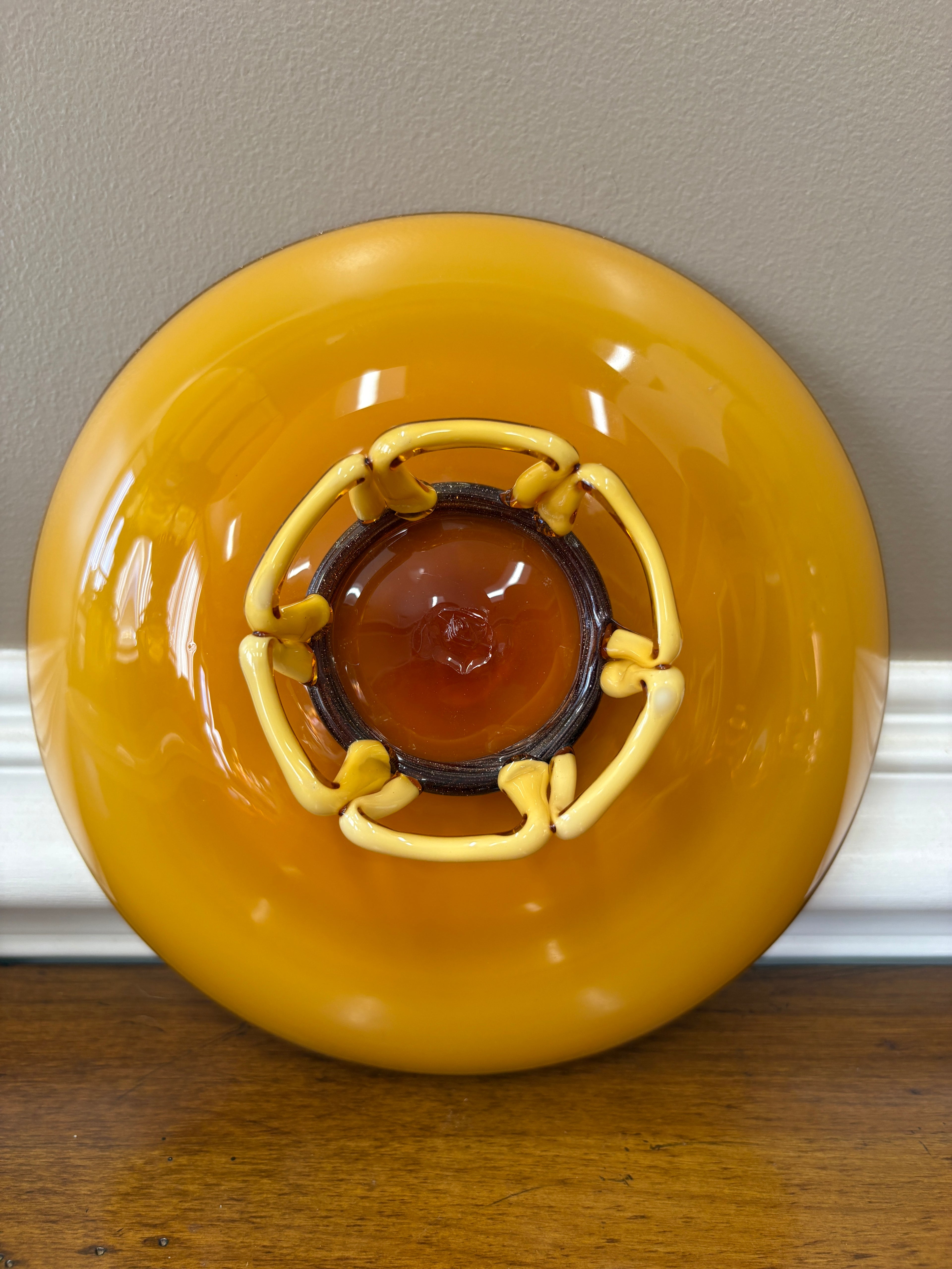 Mid Century Amber Art Glass Pedestal Bowl Sculptural Loop Base Czech Empoli Style 10”