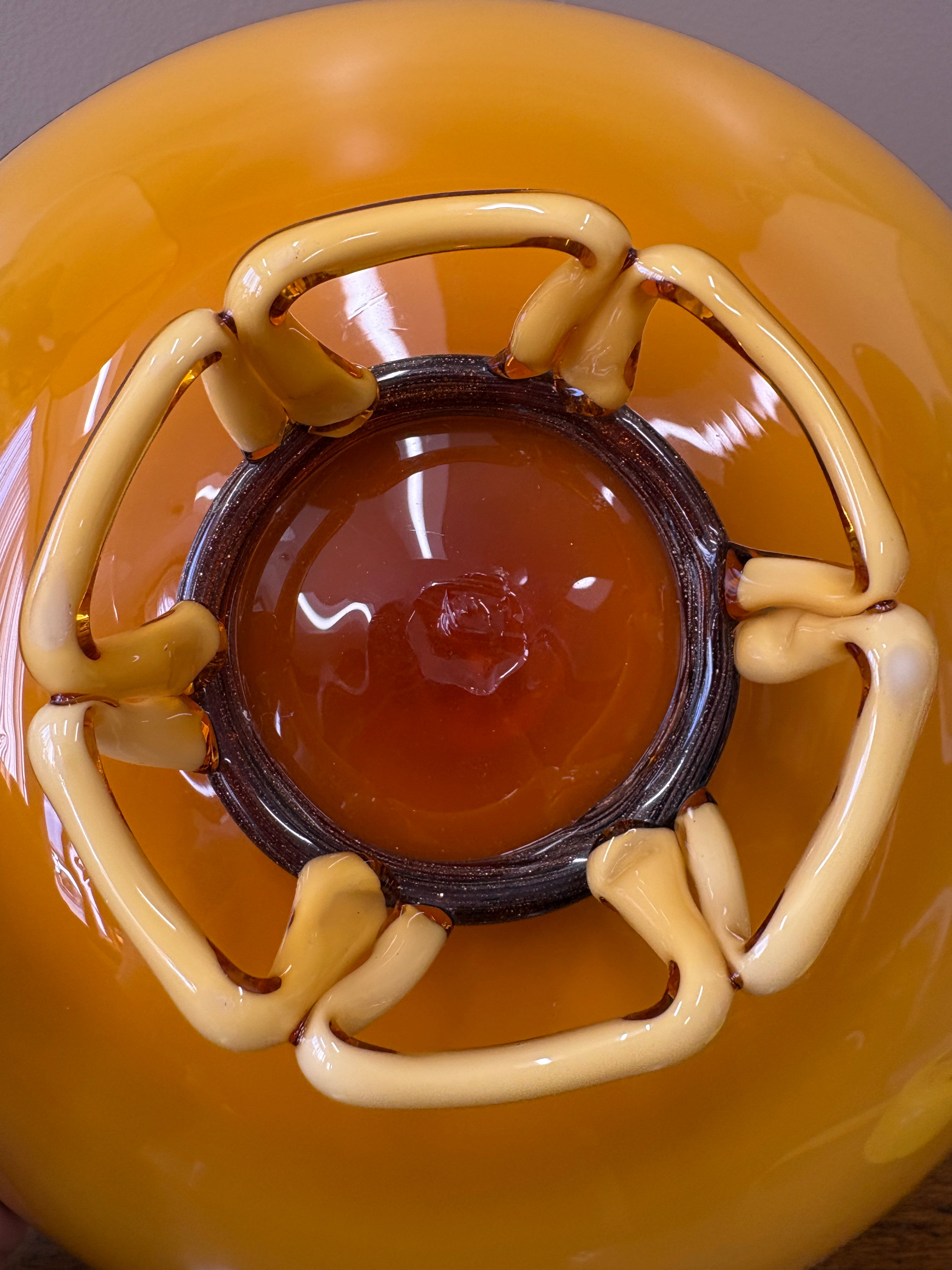 Mid Century Amber Art Glass Pedestal Bowl Sculptural Loop Base Czech Empoli Style 10”