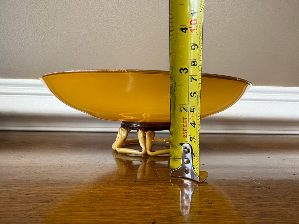 Mid Century Amber Art Glass Pedestal Bowl Sculptural Loop Base Czech Empoli Style 10”