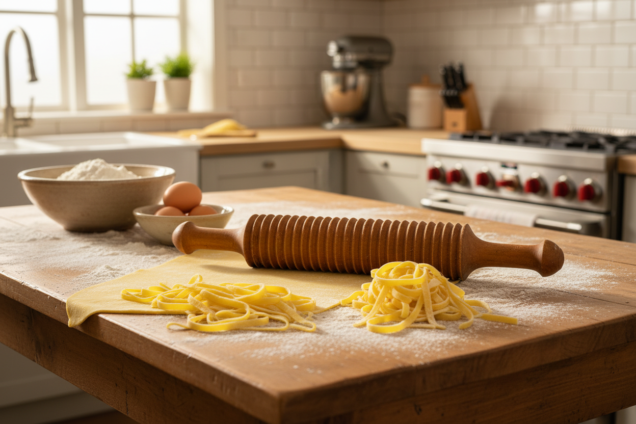 Vintage Wooden Ribbed Rolling Pin | Fettuccine Pasta Cutter