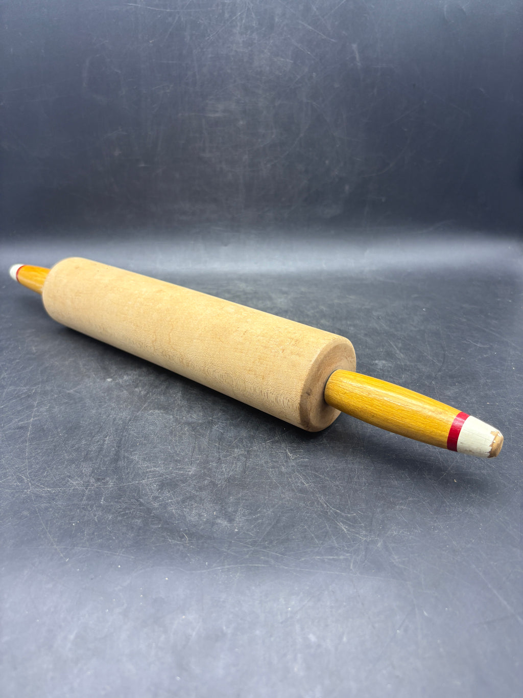 Vintage Wooden Rolling Pin | Red & White Striped Tip Handles