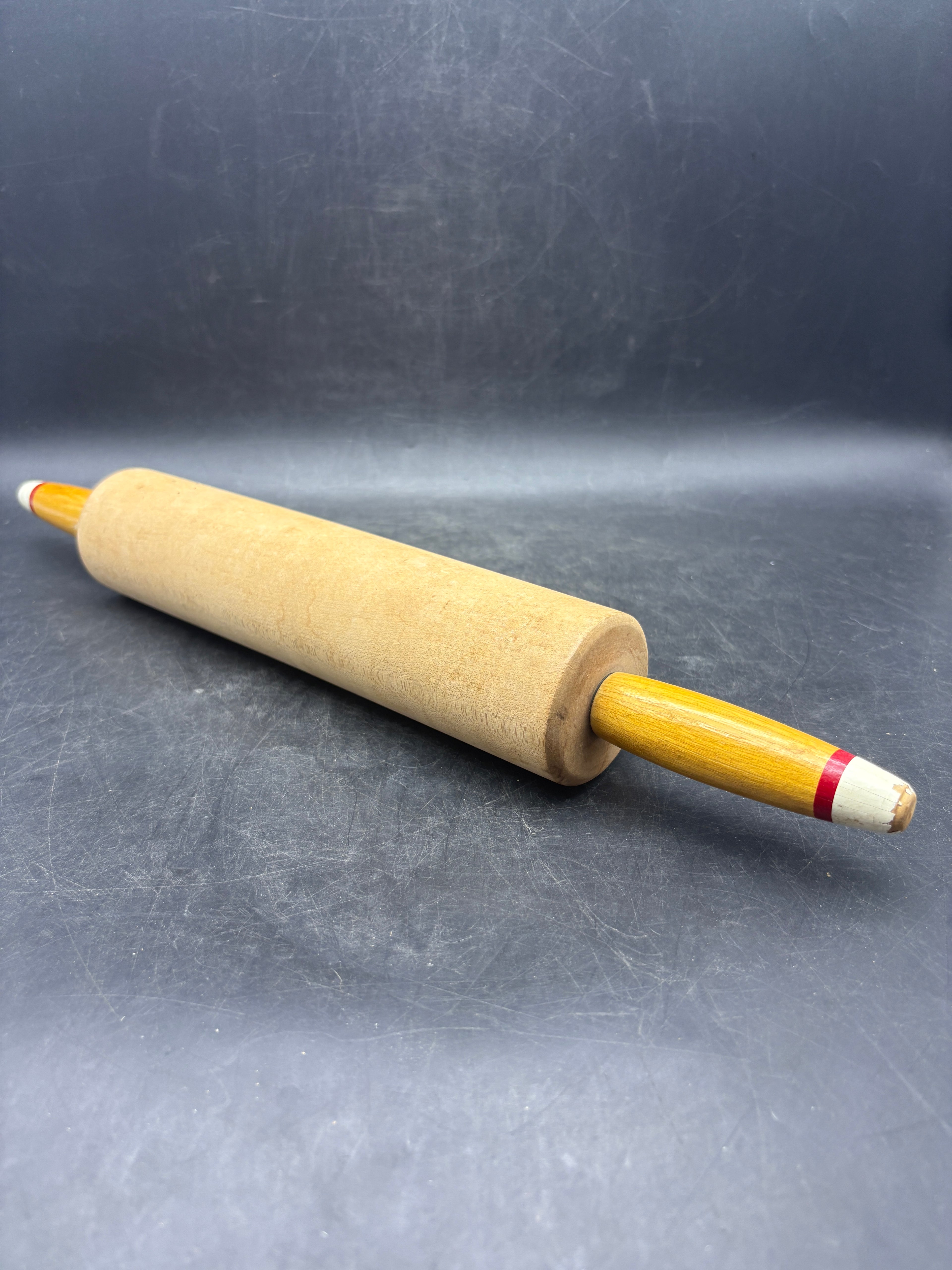 Vintage Wooden Rolling Pin | Red & White Striped Tip Handles