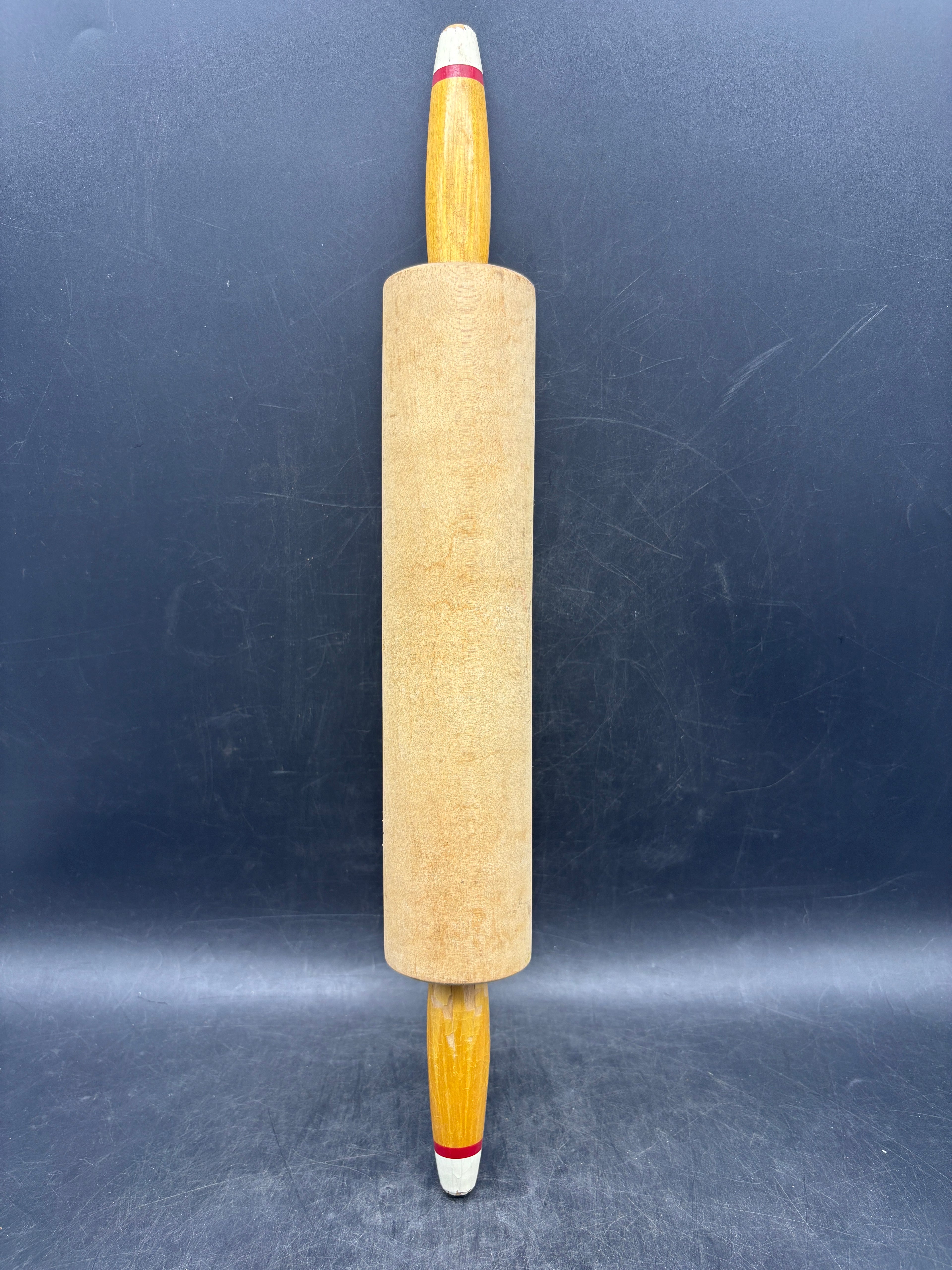 Vintage Wooden Rolling Pin | Red & White Striped Tip Handles