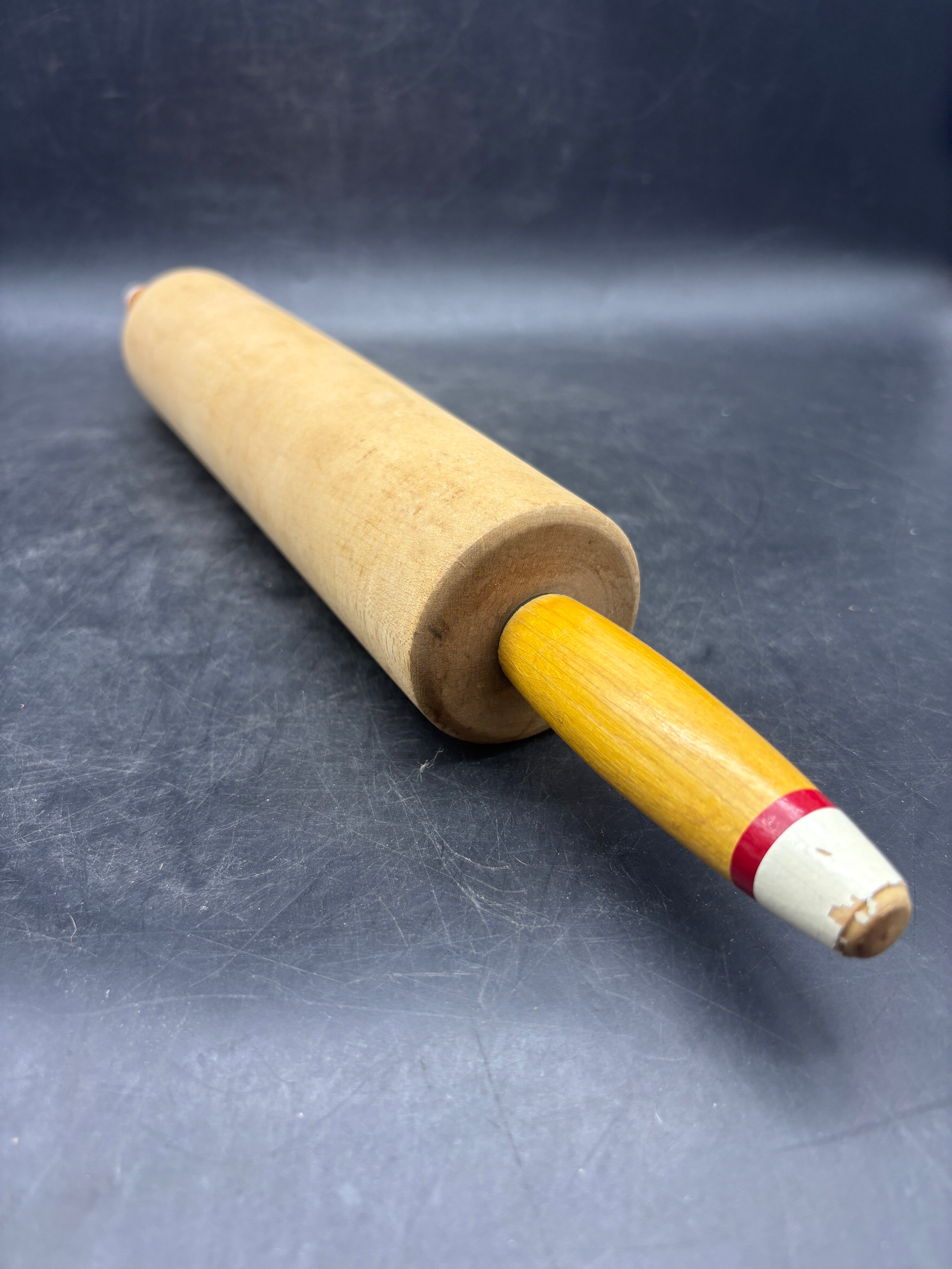 Vintage Wooden Rolling Pin | Red & White Striped Tip Handles