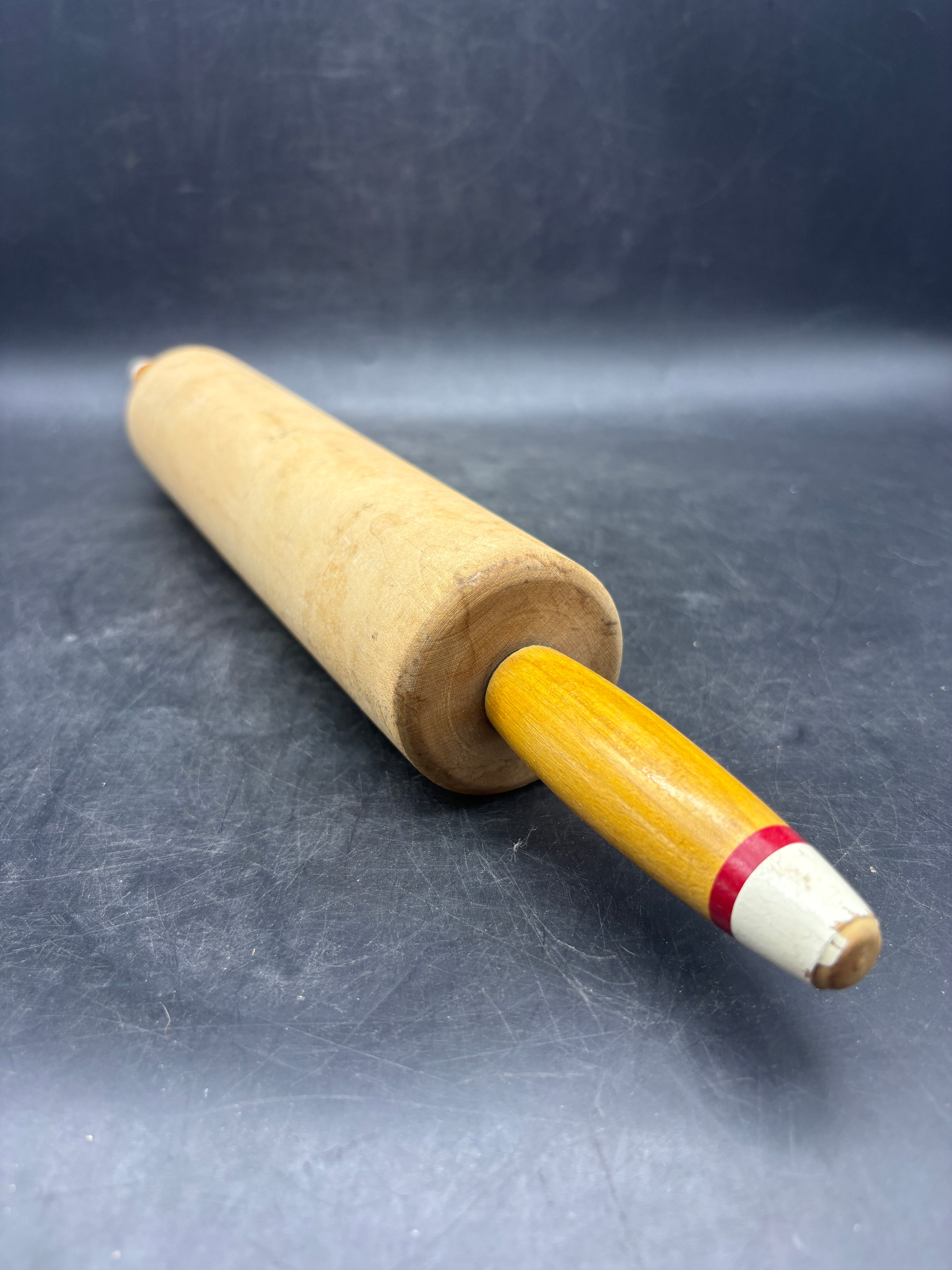 Vintage Wooden Rolling Pin | Red & White Striped Tip Handles