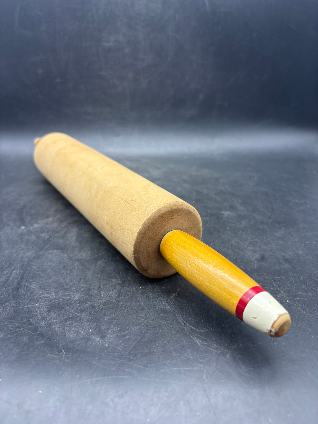 Vintage Wooden Rolling Pin | Red & White Striped Tip Handles