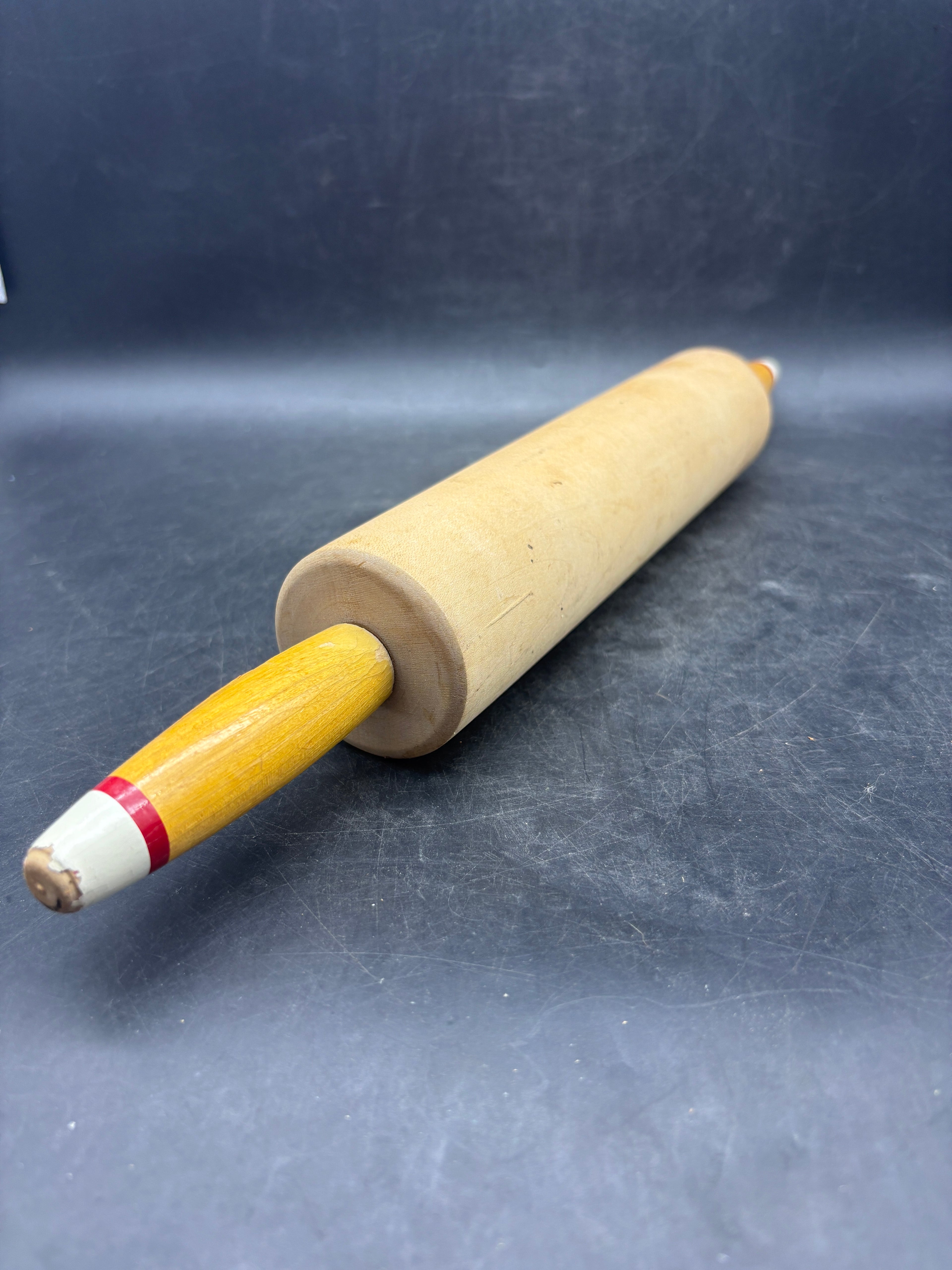 Vintage Wooden Rolling Pin | Red & White Striped Tip Handles