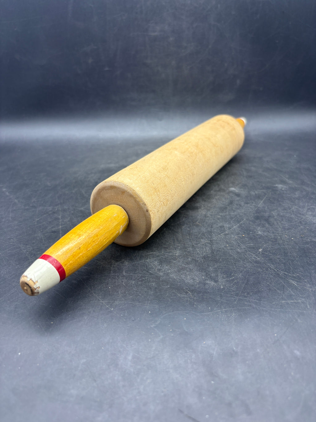Vintage Wooden Rolling Pin | Red & White Striped Tip Handles