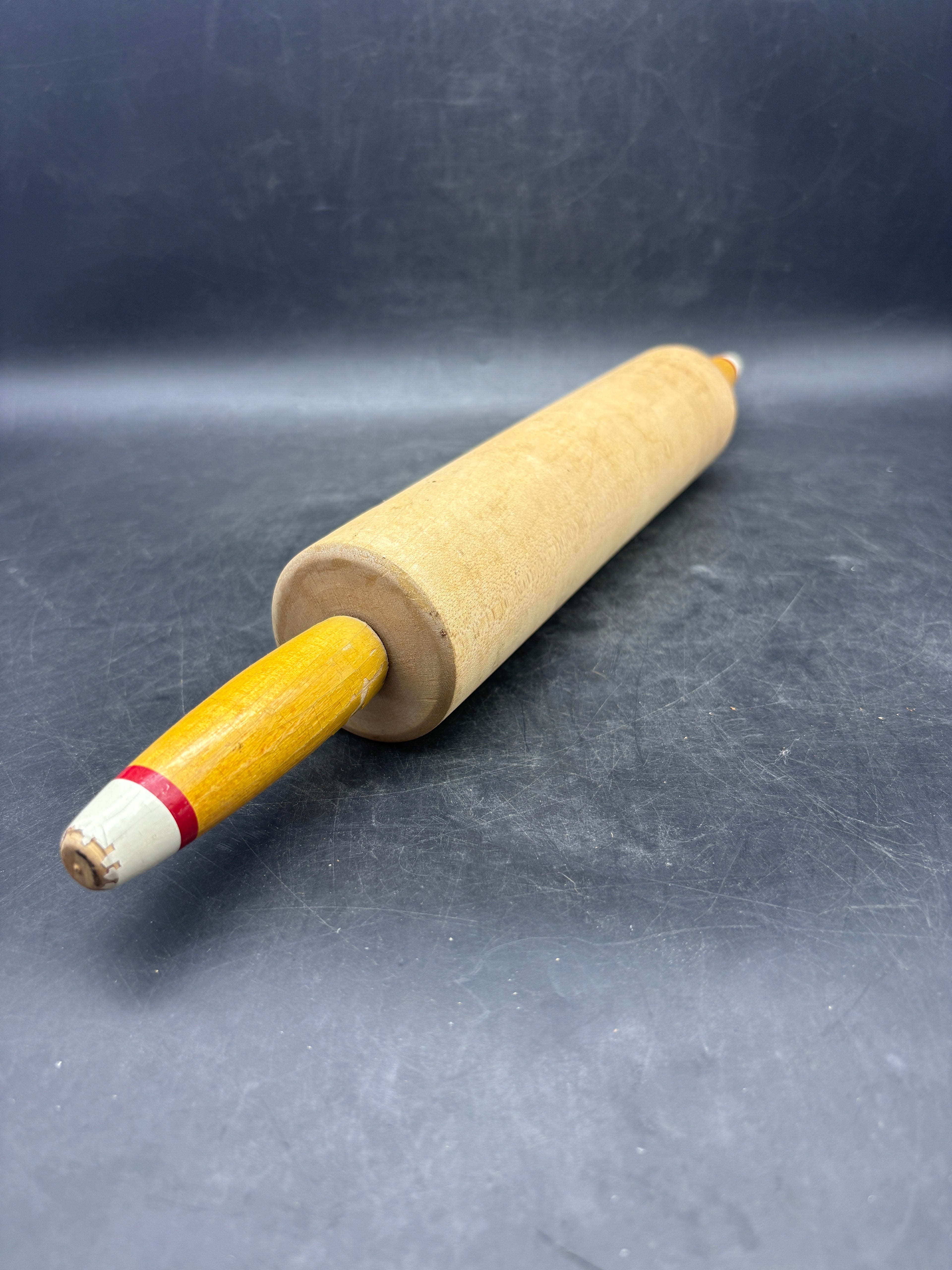 Vintage Wooden Rolling Pin | Red & White Striped Tip Handles