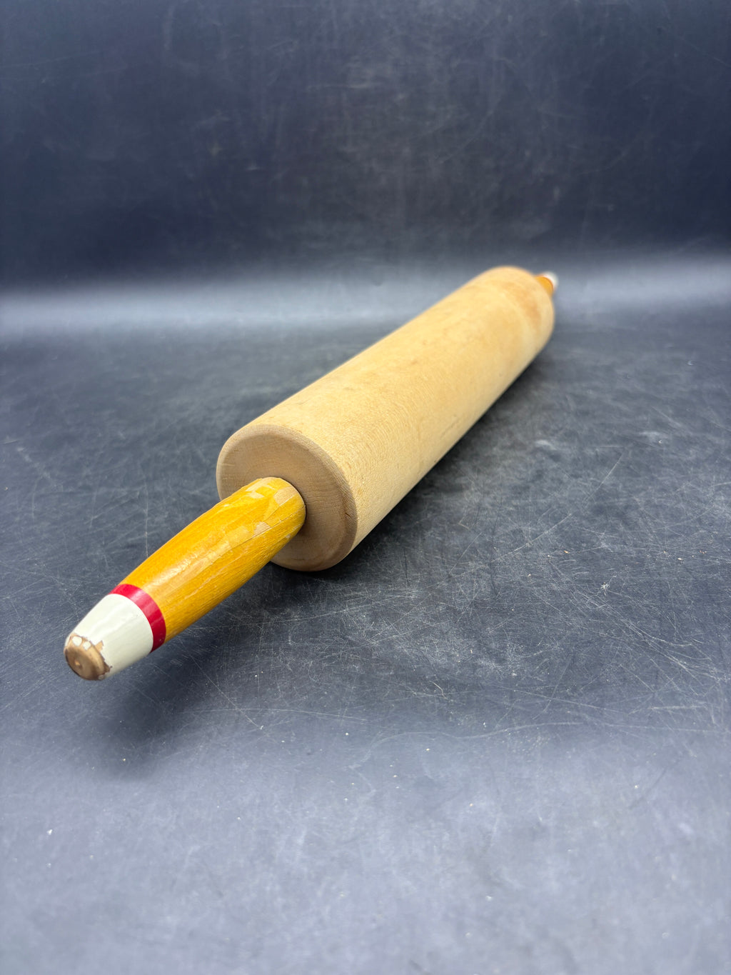 Vintage Wooden Rolling Pin | Red & White Striped Tip Handles