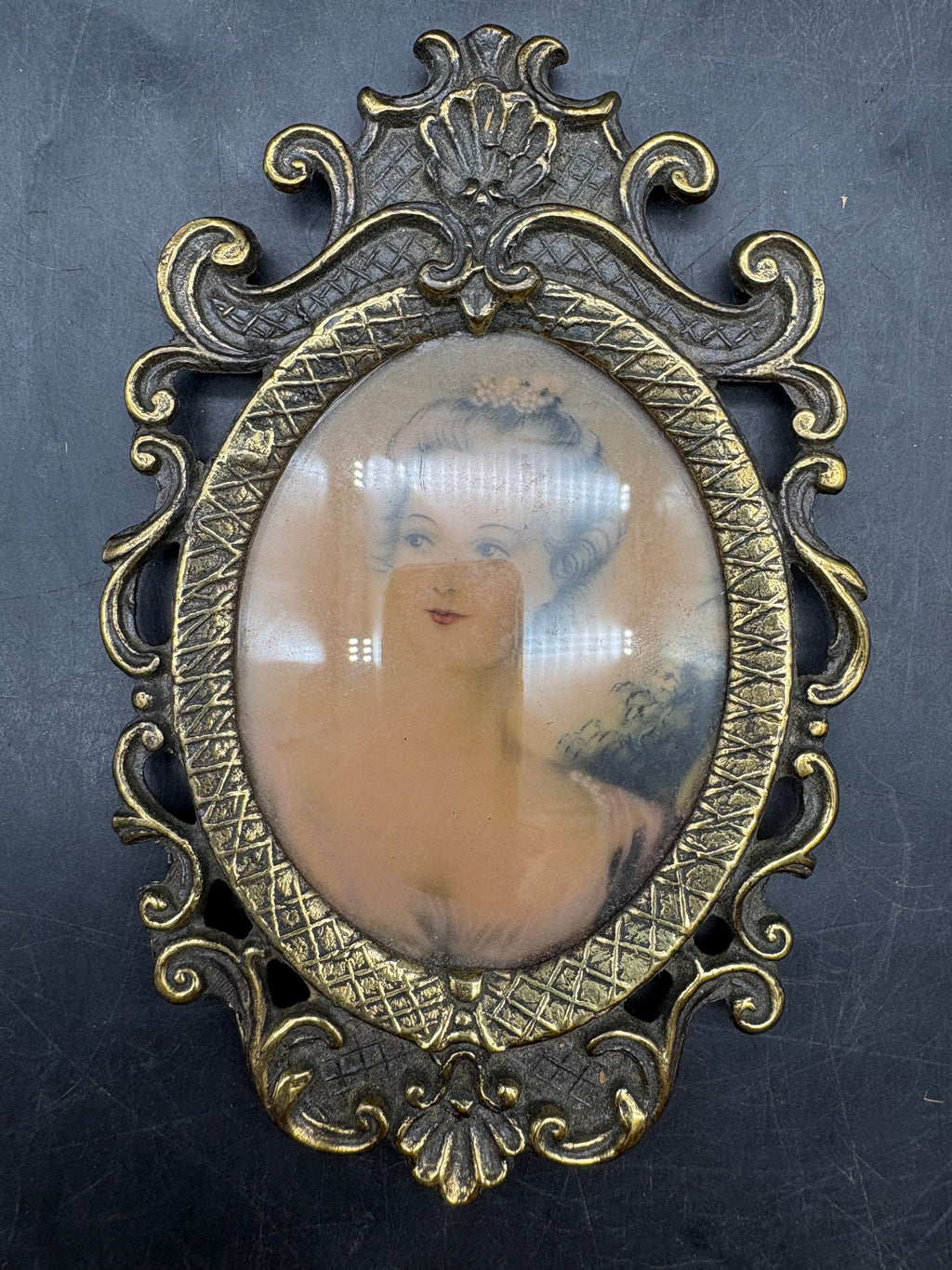 Vintage/Antique Oval Brass Hanging Frame | Victorian Baroque Lady Portrait | Likely Italian
