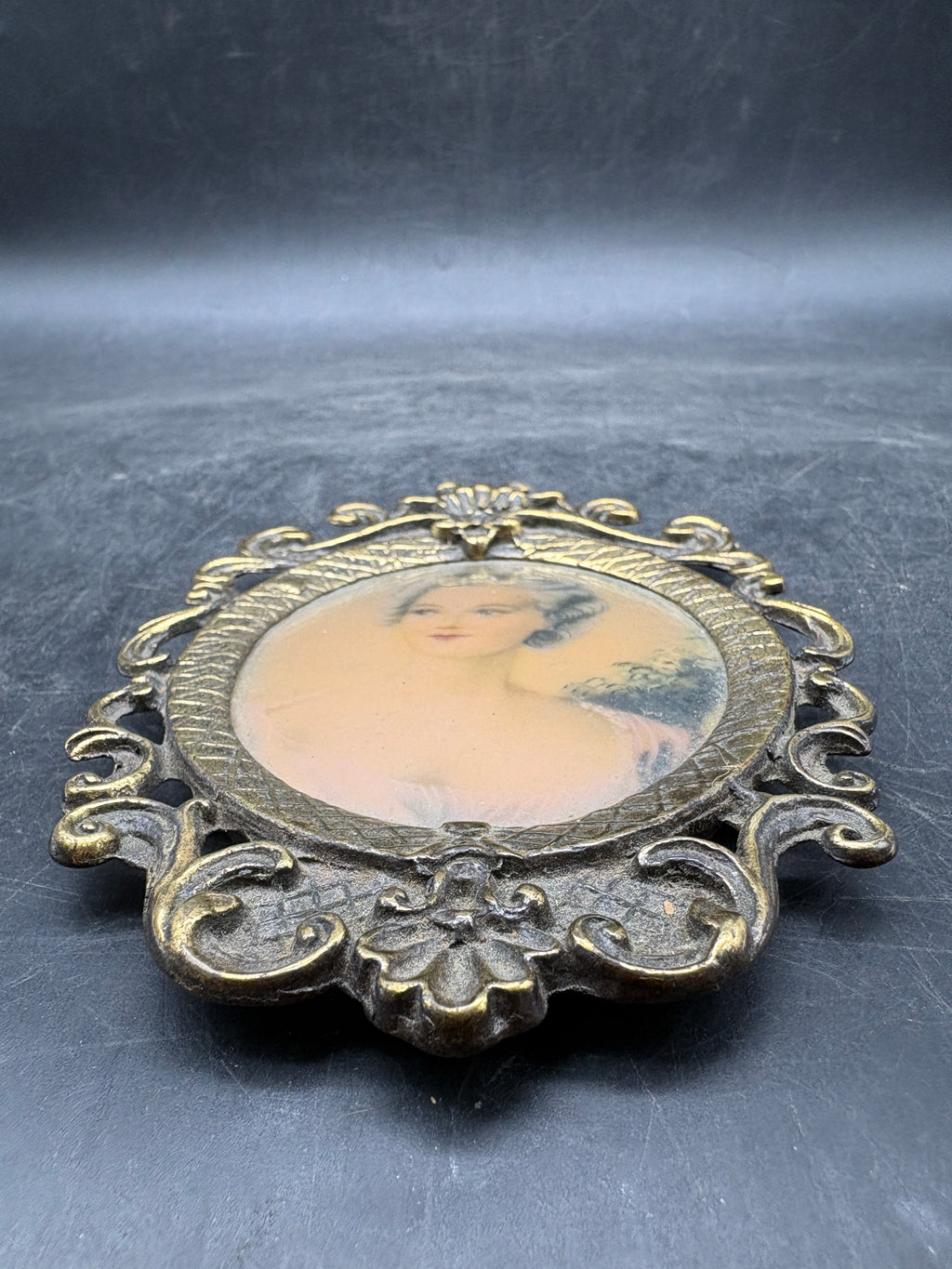 Vintage/Antique Oval Brass Hanging Frame | Victorian Baroque Lady Portrait | Likely Italian