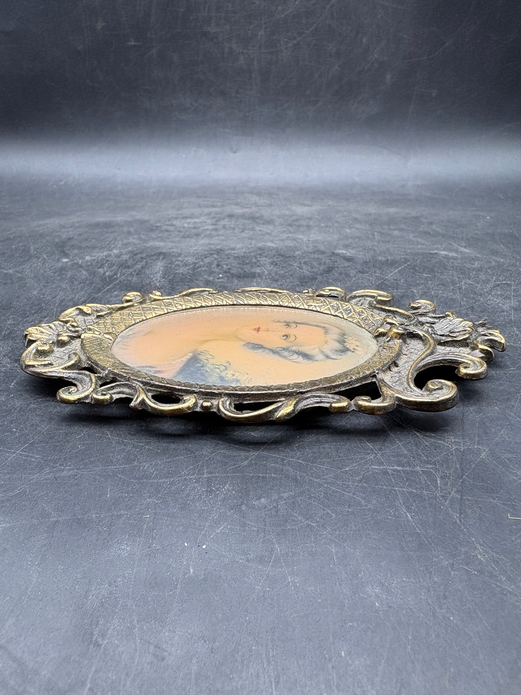 Vintage/Antique Oval Brass Hanging Frame | Victorian Baroque Lady Portrait | Likely Italian