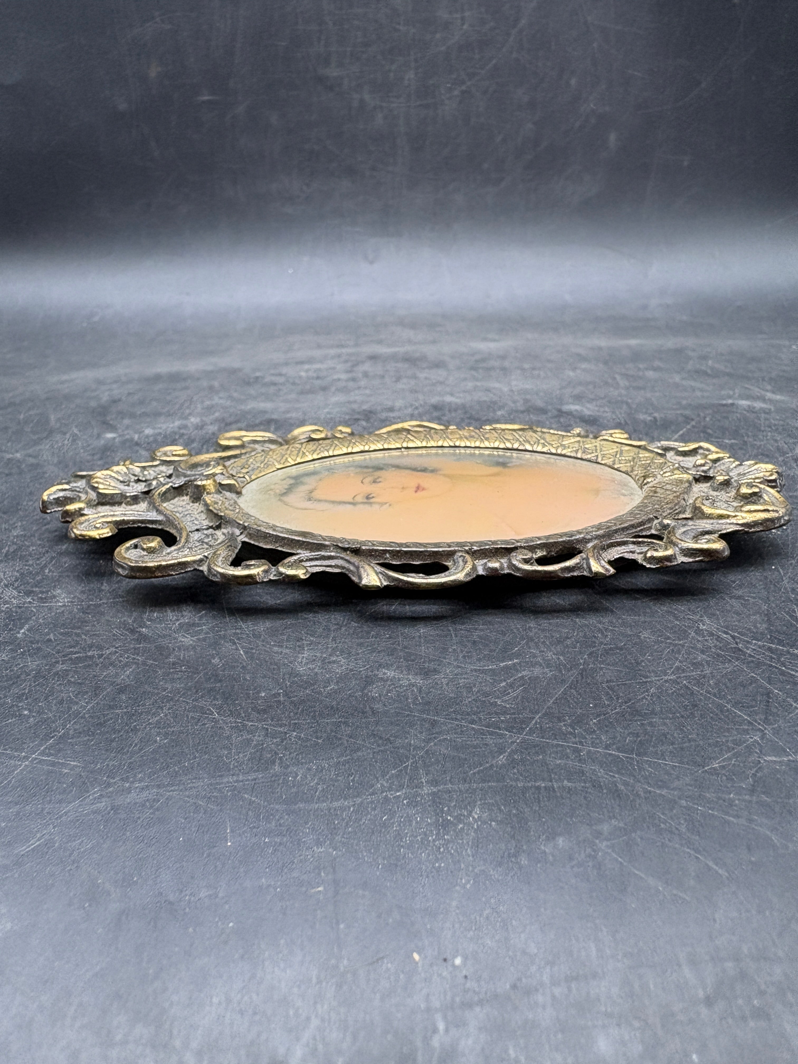Vintage/Antique Oval Brass Hanging Frame | Victorian Baroque Lady Portrait | Likely Italian