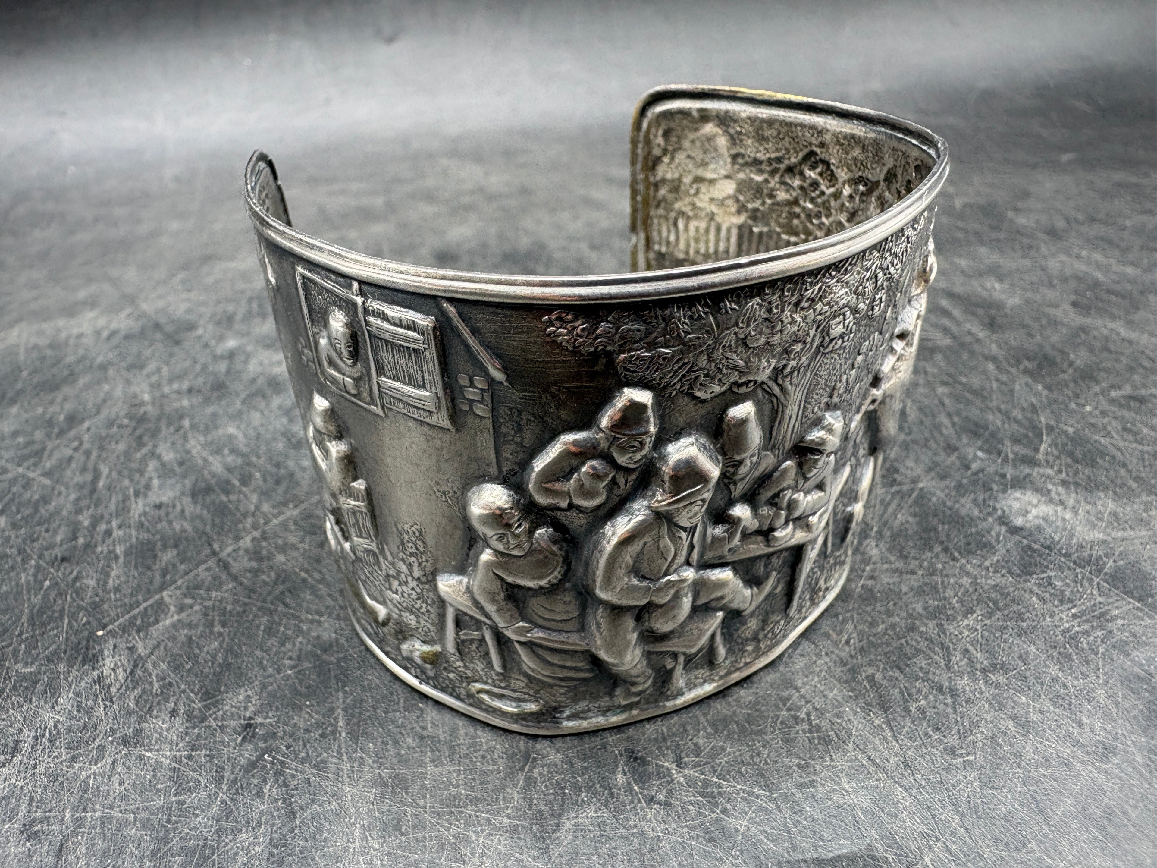 Vintage Hans Jensen Denmark Silver-Plated Cuff Bracelet | Repousse Tavern Scene