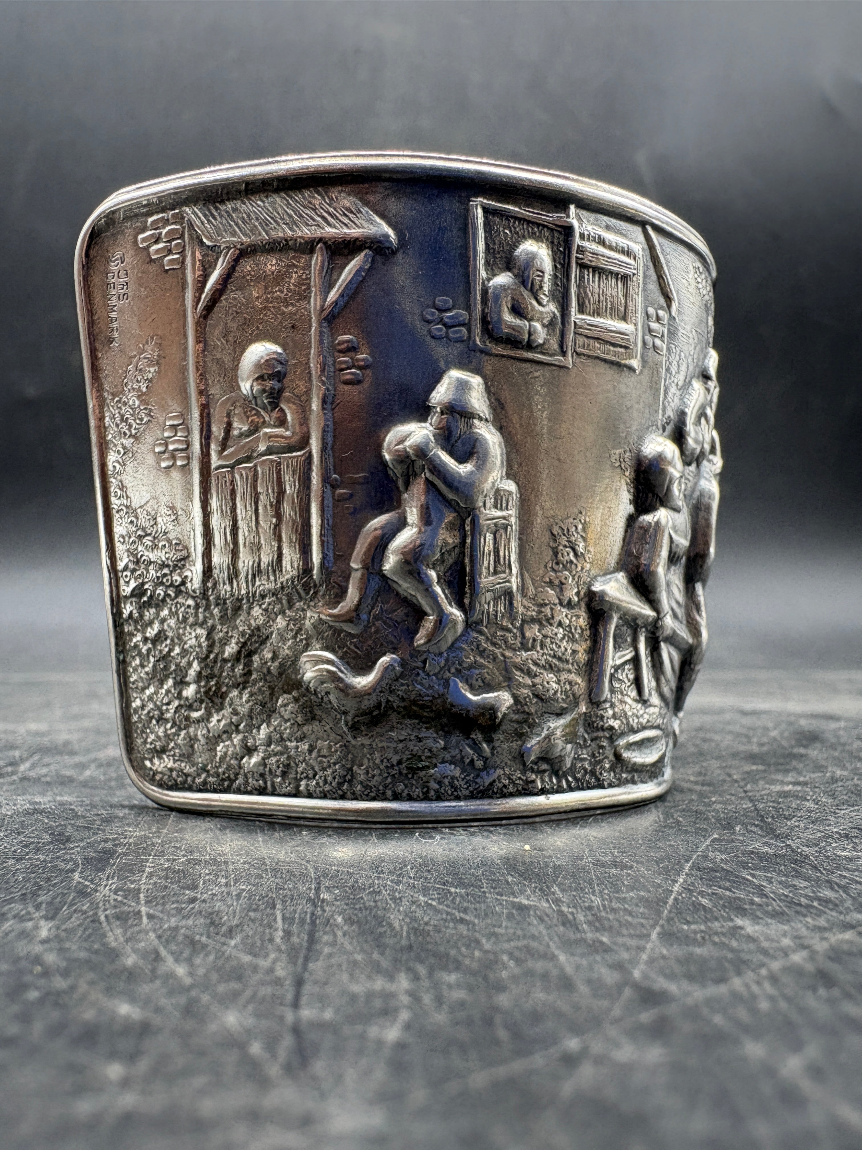 Vintage Hans Jensen Denmark Silver-Plated Cuff Bracelet | Repousse Tavern Scene