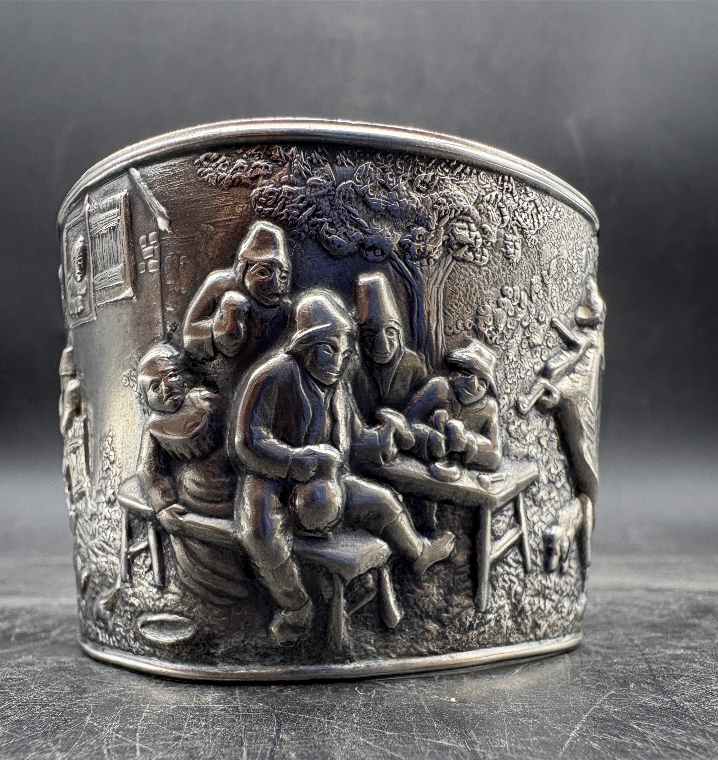 Vintage Hans Jensen Denmark Silver-Plated Cuff Bracelet | Repousse Tavern Scene