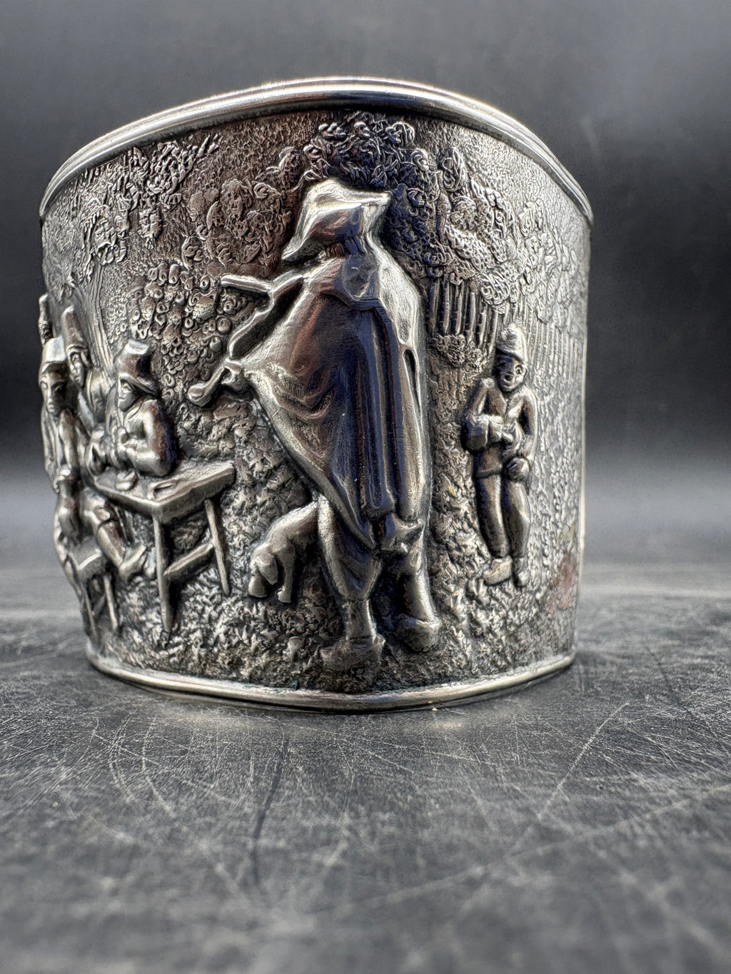 Vintage Hans Jensen Denmark Silver-Plated Cuff Bracelet | Repousse Tavern Scene