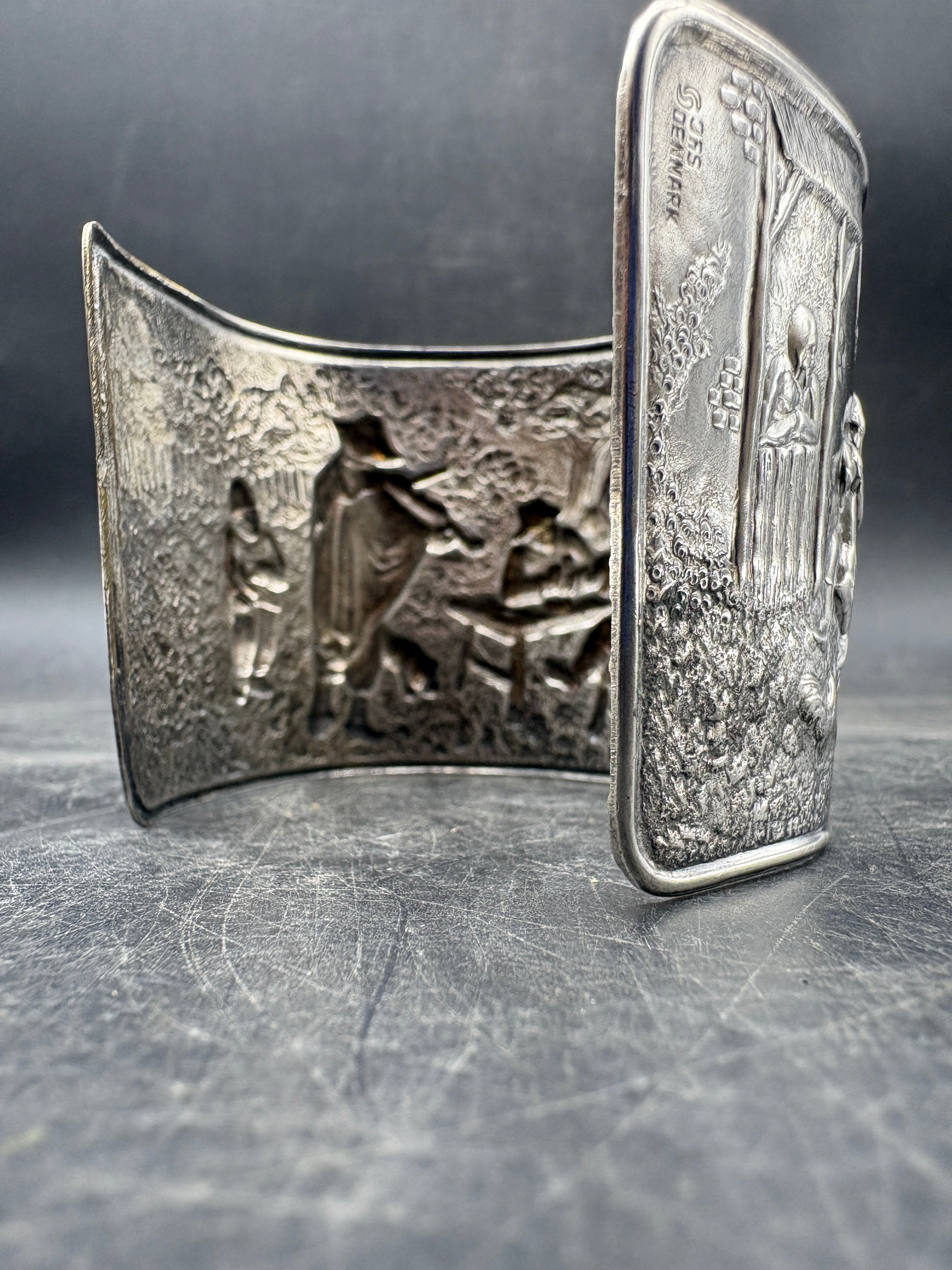 Vintage Hans Jensen Denmark Silver-Plated Cuff Bracelet | Repousse Tavern Scene