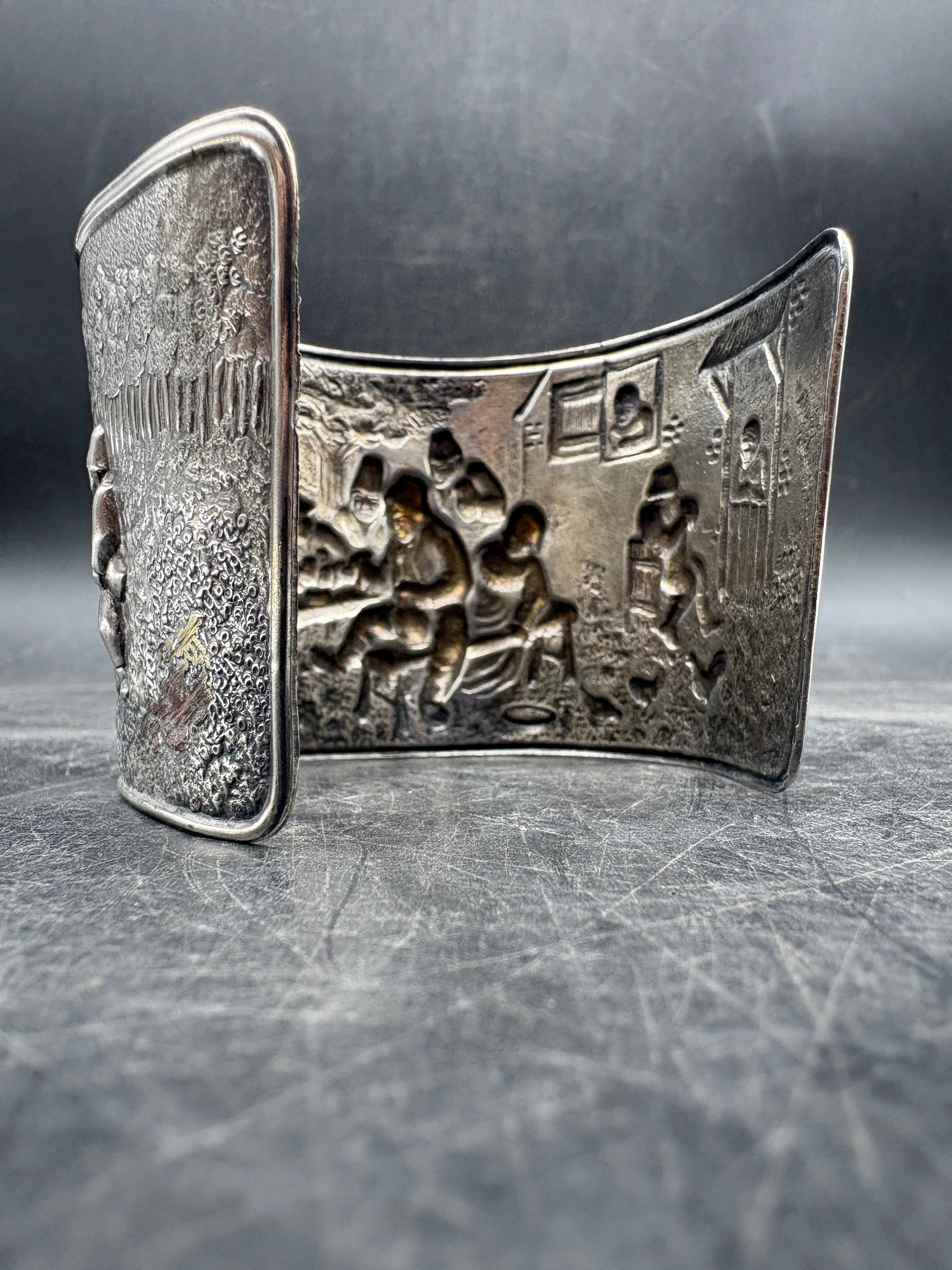Vintage Hans Jensen Denmark Silver-Plated Cuff Bracelet | Repousse Tavern Scene