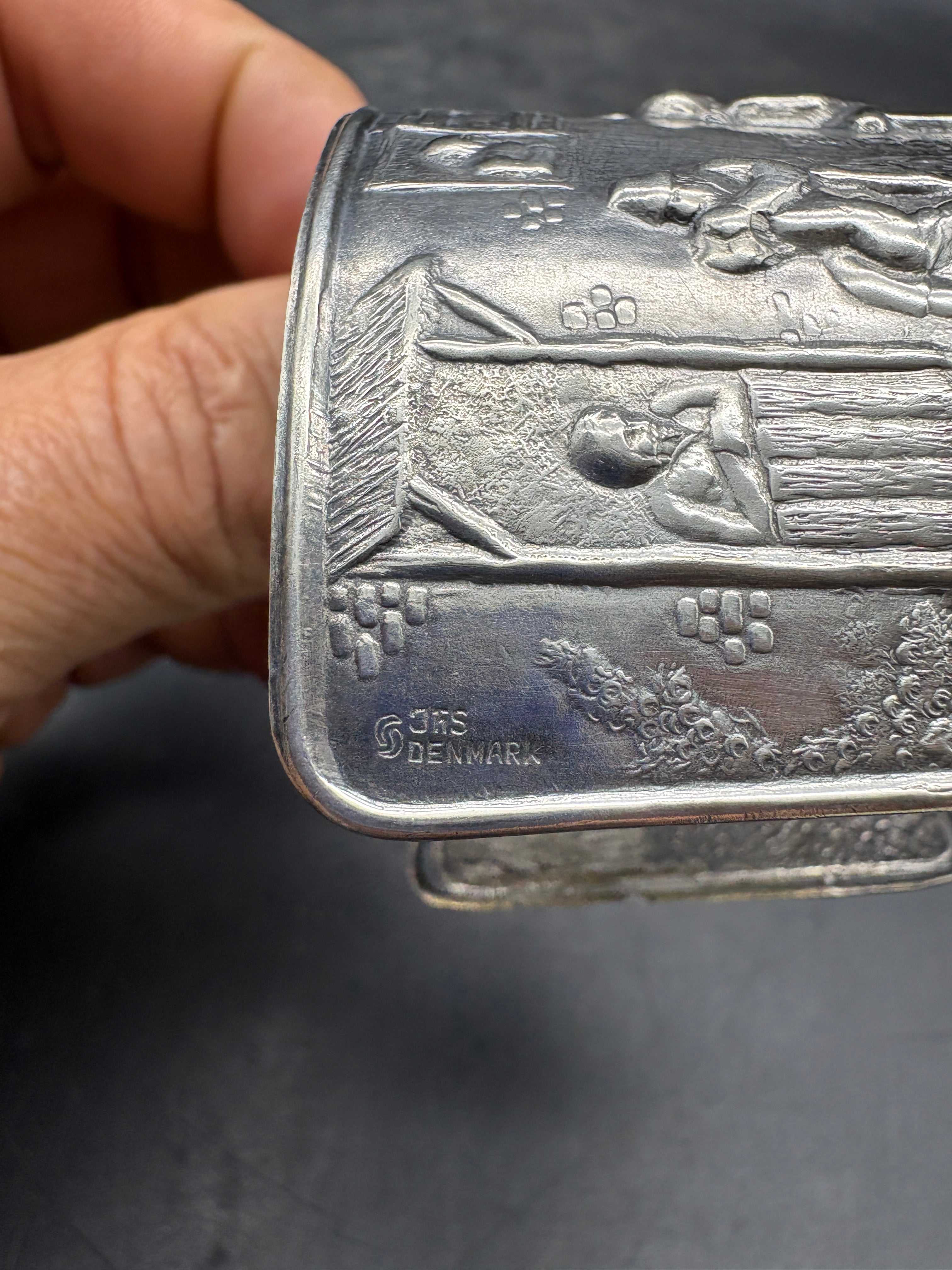 Vintage Hans Jensen Denmark Silver-Plated Cuff Bracelet | Repousse Tavern Scene
