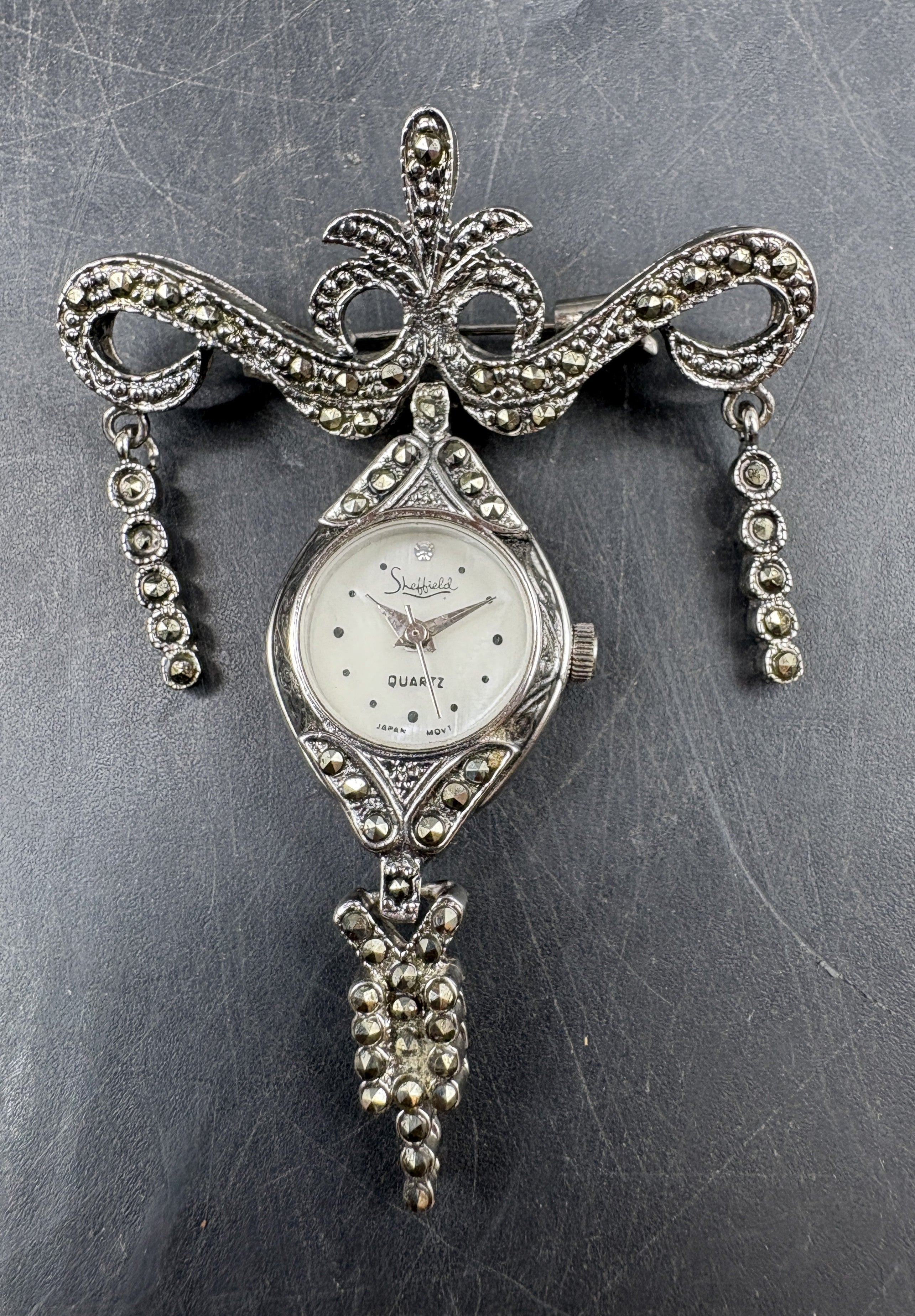 Vintage Sheffield Rhinestone Clock Brooch Pin | Silver Tone