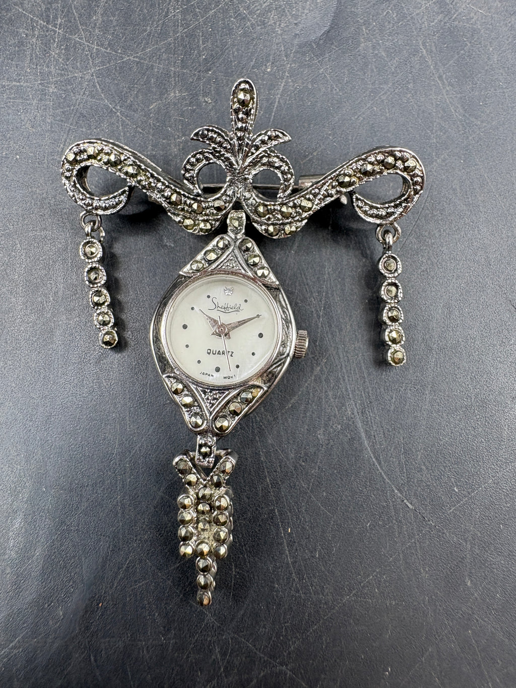 Vintage Sheffield Rhinestone Clock Brooch Pin | Silver Tone