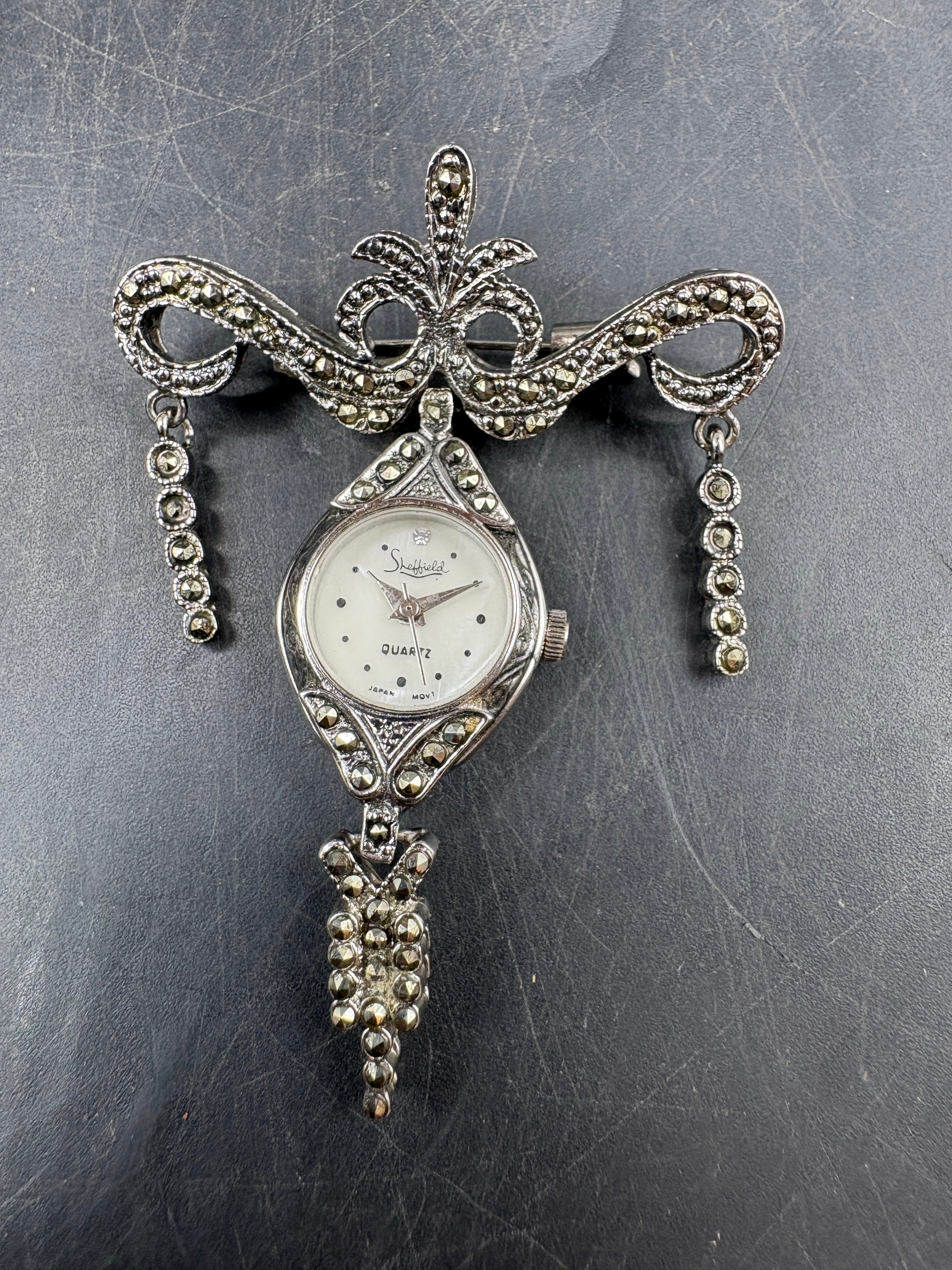 Vintage Sheffield Rhinestone Clock Brooch Pin | Silver Tone