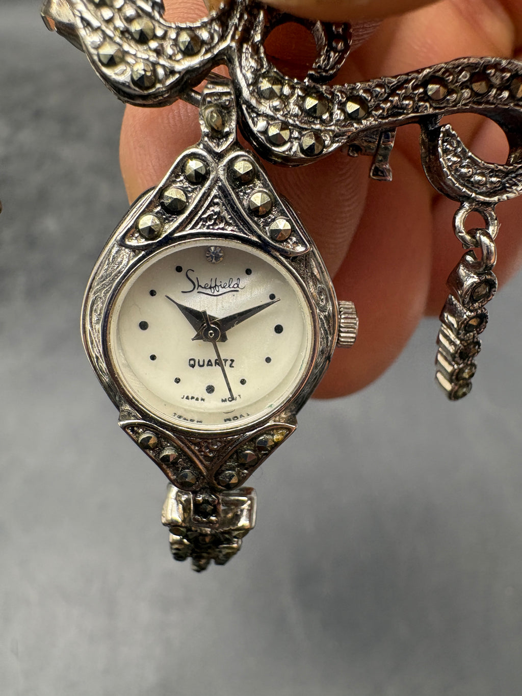 Vintage Sheffield Rhinestone Clock Brooch Pin | Silver Tone